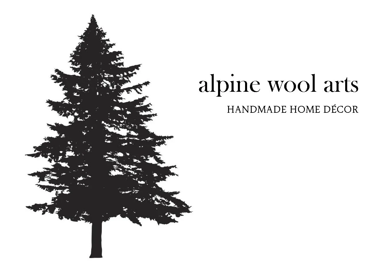 Black silhouette of a pine tree on a white background with black text that reads "alpine wool arts HANDMADE HOME DÉCOR".