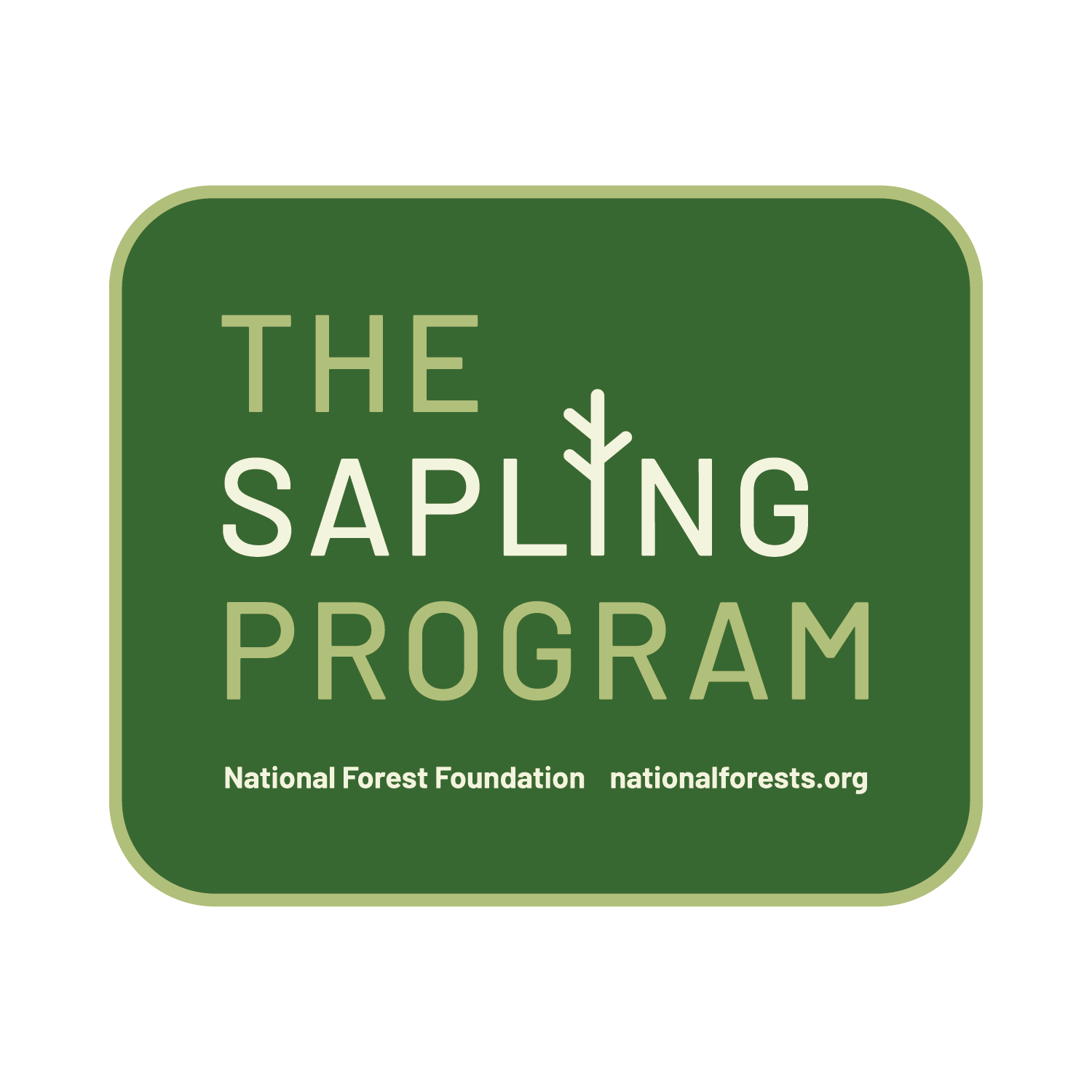 Logo for The Sapling Program with a green background, white and light green text, and a small sapling graphic in the letter 'L'.