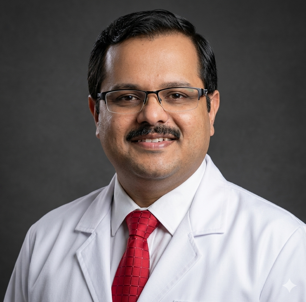 Portrait of a male doctor wearing glasses, a white coat, a red tie, and smiling against a dark gray background.
