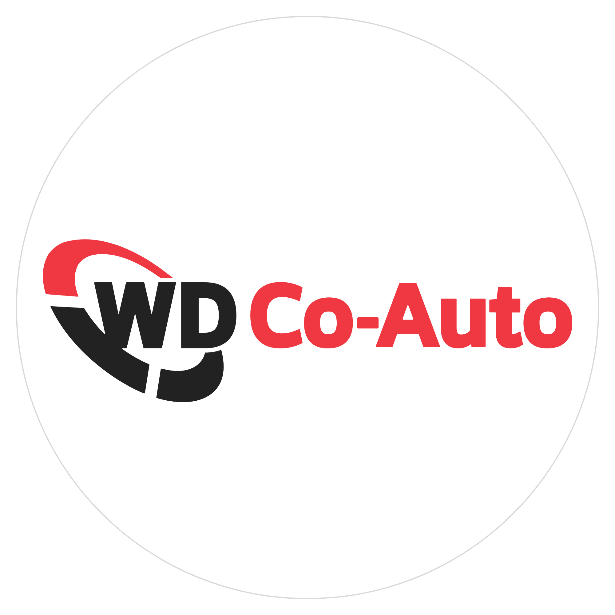 Logo with the text 'WD Co-Auto' in black and red, with a stylized symbol on the left side.