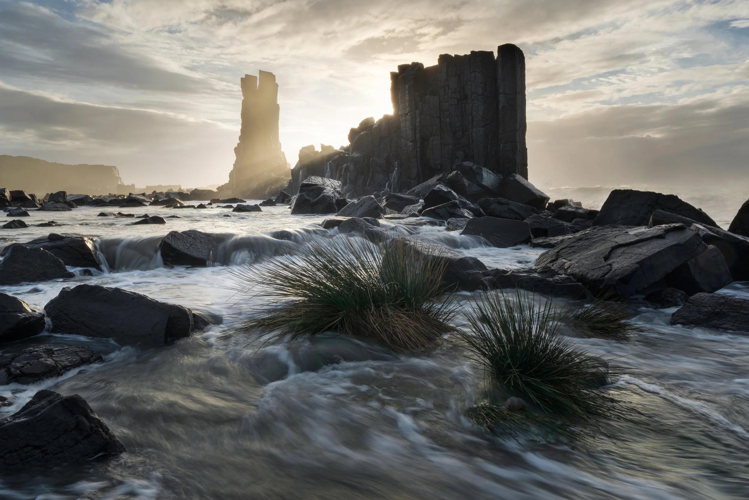 A unique moment at Bombo Quarry with flowing water on the western side of the rock structures