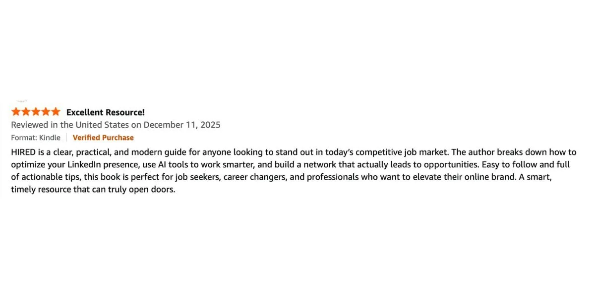 Product review page for a book titled "HIRED," highlighting a 5-star rating and a brief description of the book about modern job search strategies and career development.