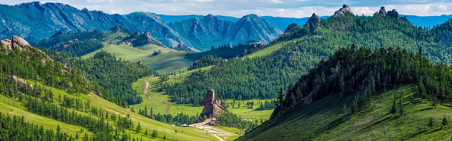 Rocky granite formations and forested mountains of Gorkhi-Terelj National Park near Ulaanbaatar