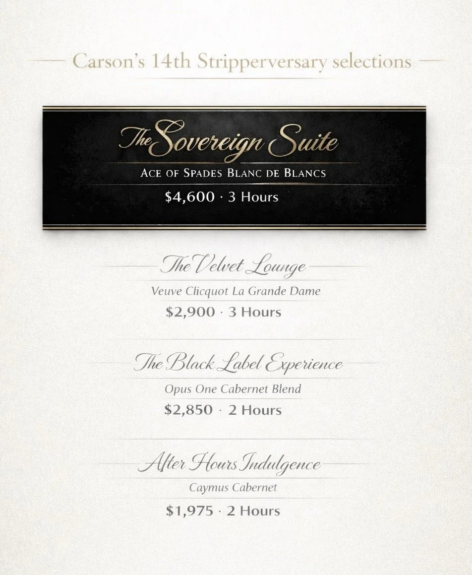 Menu listing tiered wine tasting options for Carson's 14th Stripverrsary, including The Sovereign Suite, The Velvet Lounge, The Black Label Experience, and After Hours Indulgence, with prices and duration for each.