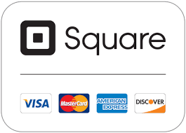 Square logo with payment method icons including Visa, MasterCard, American Express, and Discover