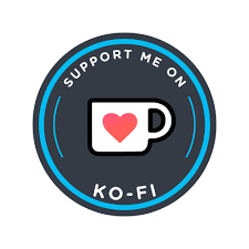 A circular badge with a black background and blue border, featuring a coffee mug with a heart on it. Text around the badge reads "Support Me On Ko-Fi."