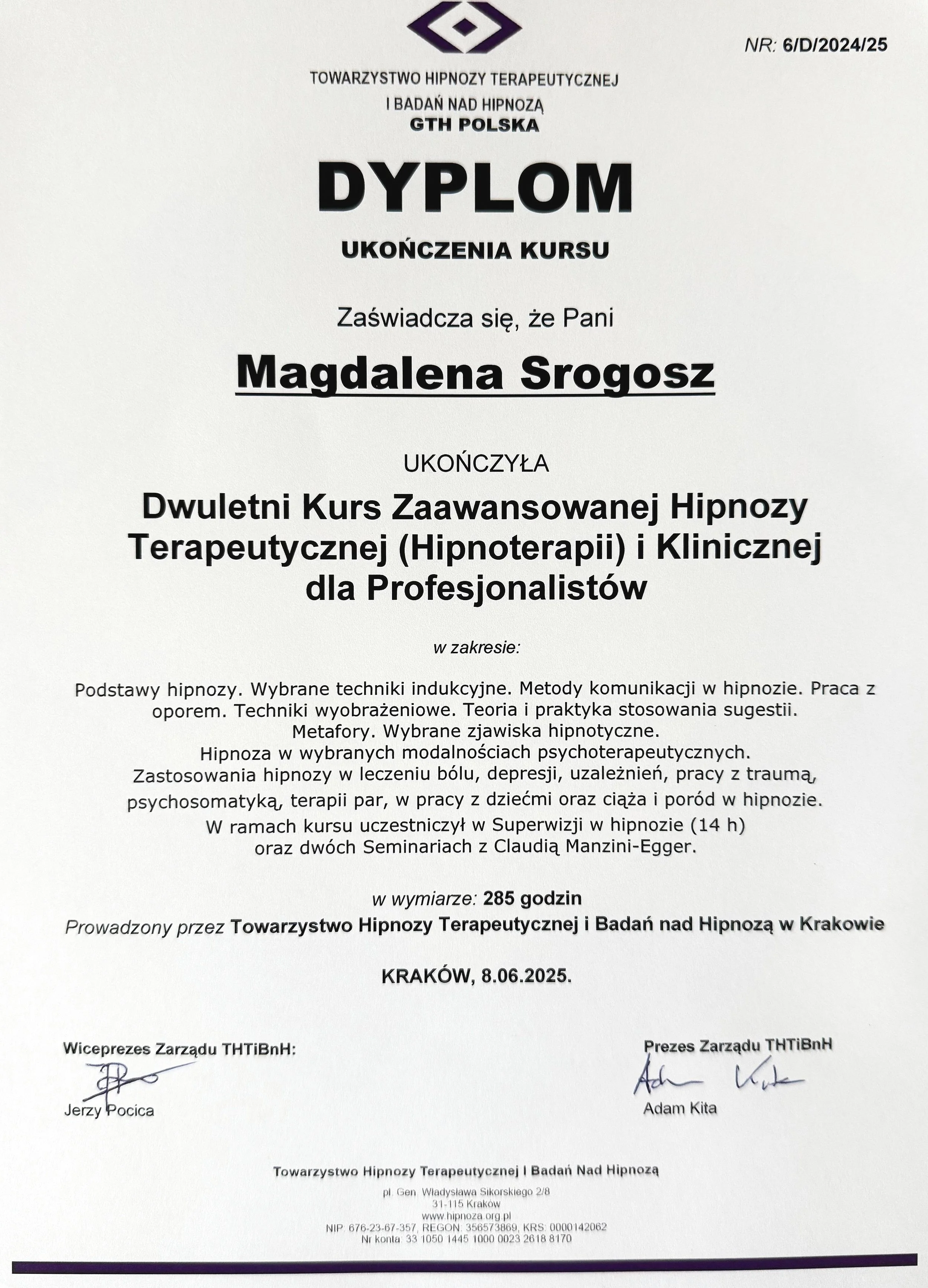 Dyplom ukończenia kursu hipnozy