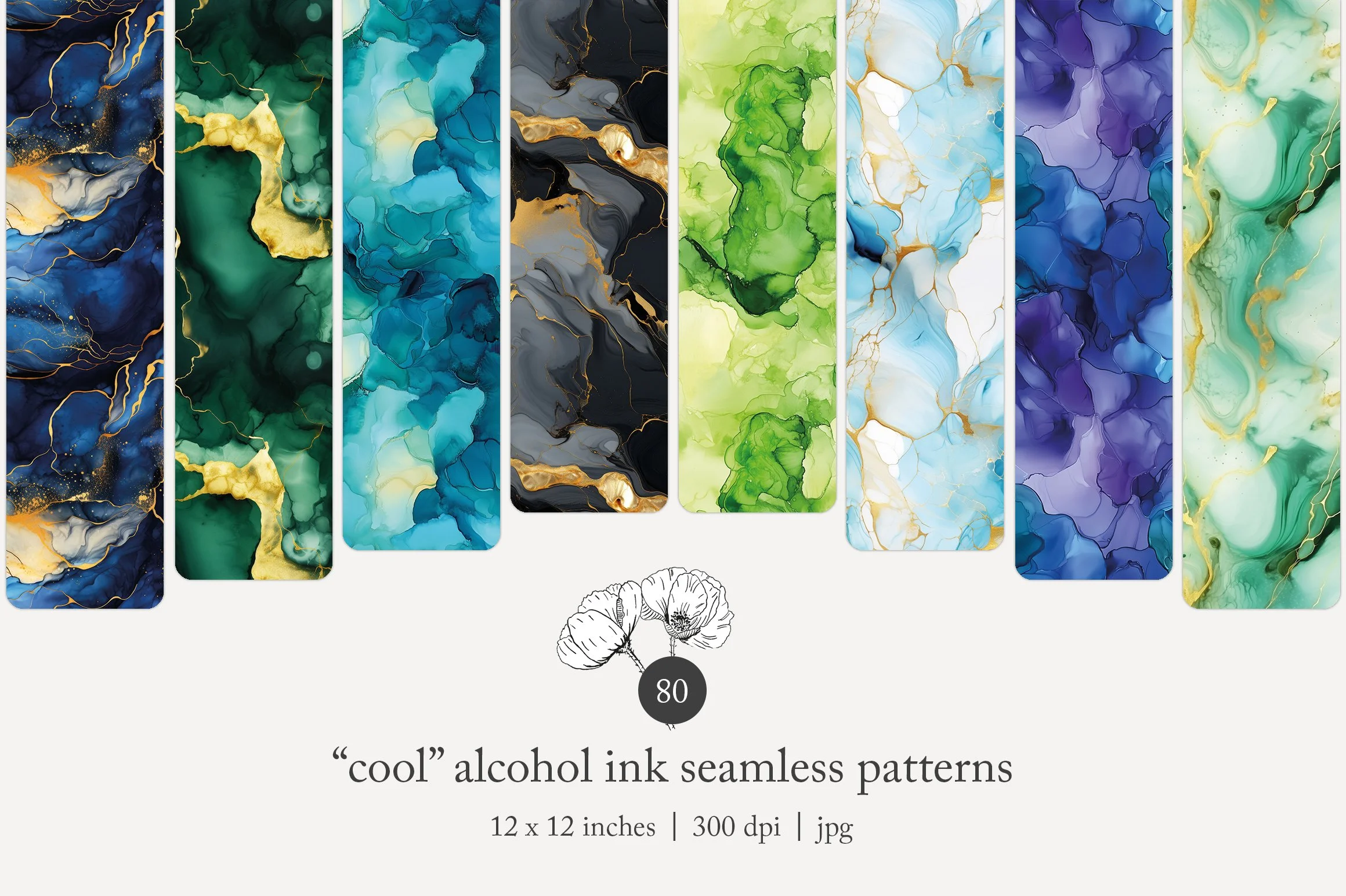 Collection of alcohol ink seamless patterns in various colors including blue, green, black, and purple with gold accents.