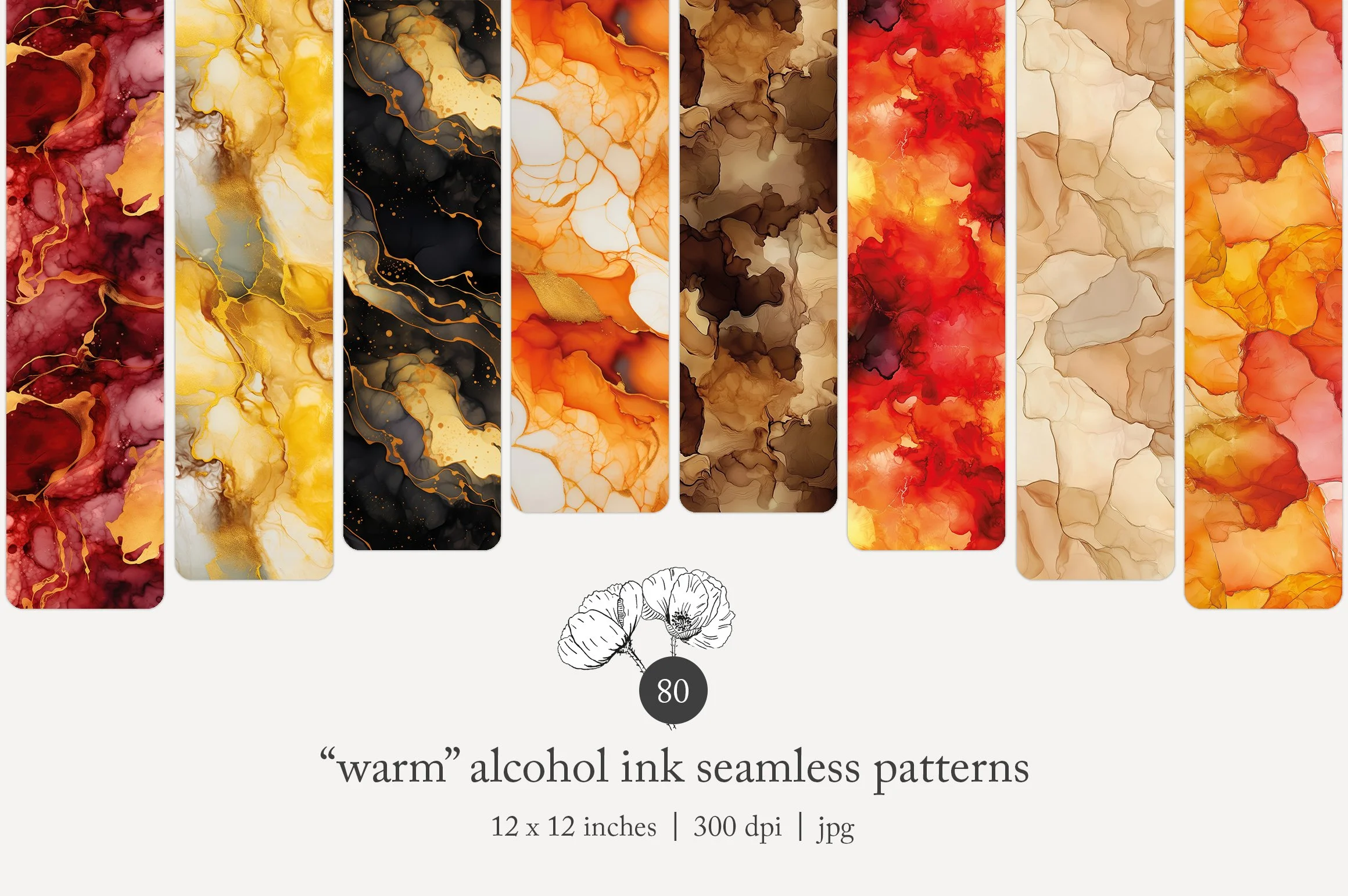 Collection of eight watercolor alcohol ink seamless patterns in warm colors, including shades of red, yellow, black, orange, brown, and cream, displayed in vertical strips.