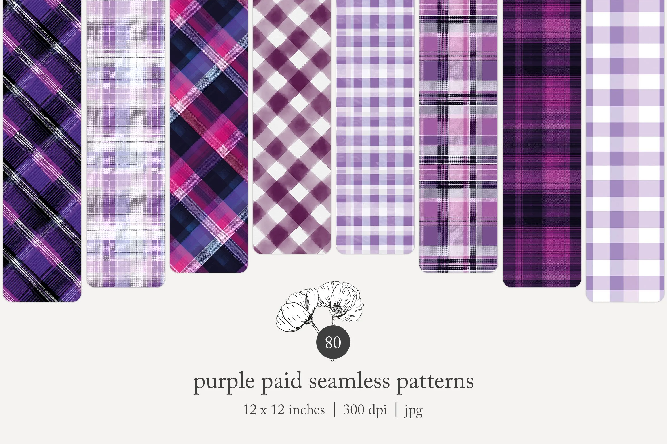 Collection of 8 purple plaid seamless patterns with different tartan designs, displayed vertically in a row.