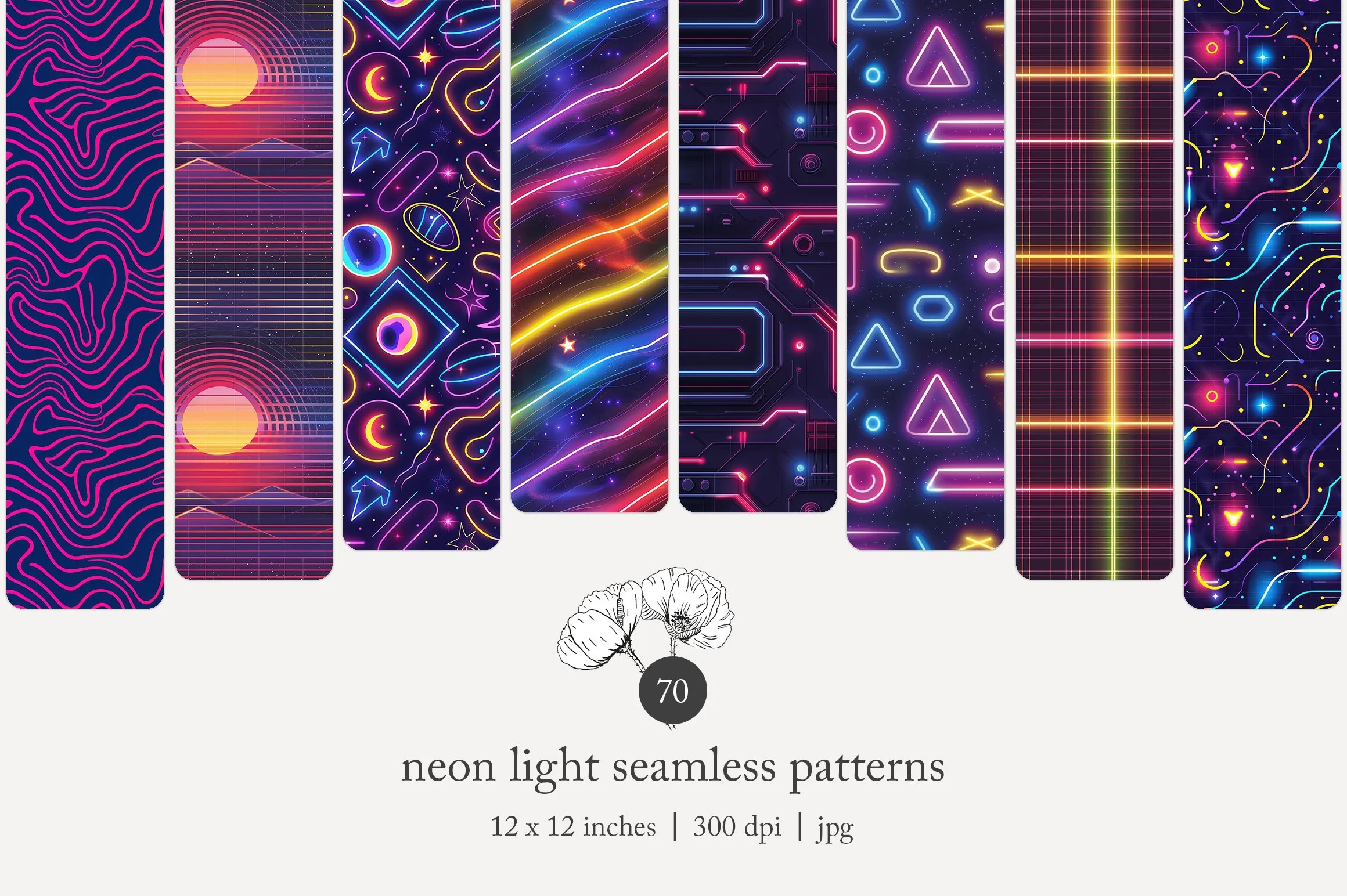 Collection of eight neon light seamless patterns with various designs such as abstract lines, sunset, celestial symbols, streaks, circuit-like futuristic designs, geometric shapes, grid lines, and wavy lines, displayed on a black background.