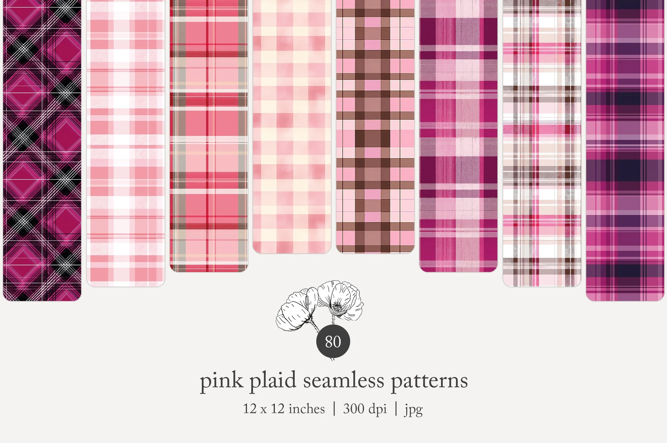 A collection of ten different pink plaid seamless patterns for textiles or design, each with varying shades and plaid styles, displayed in vertical strips.