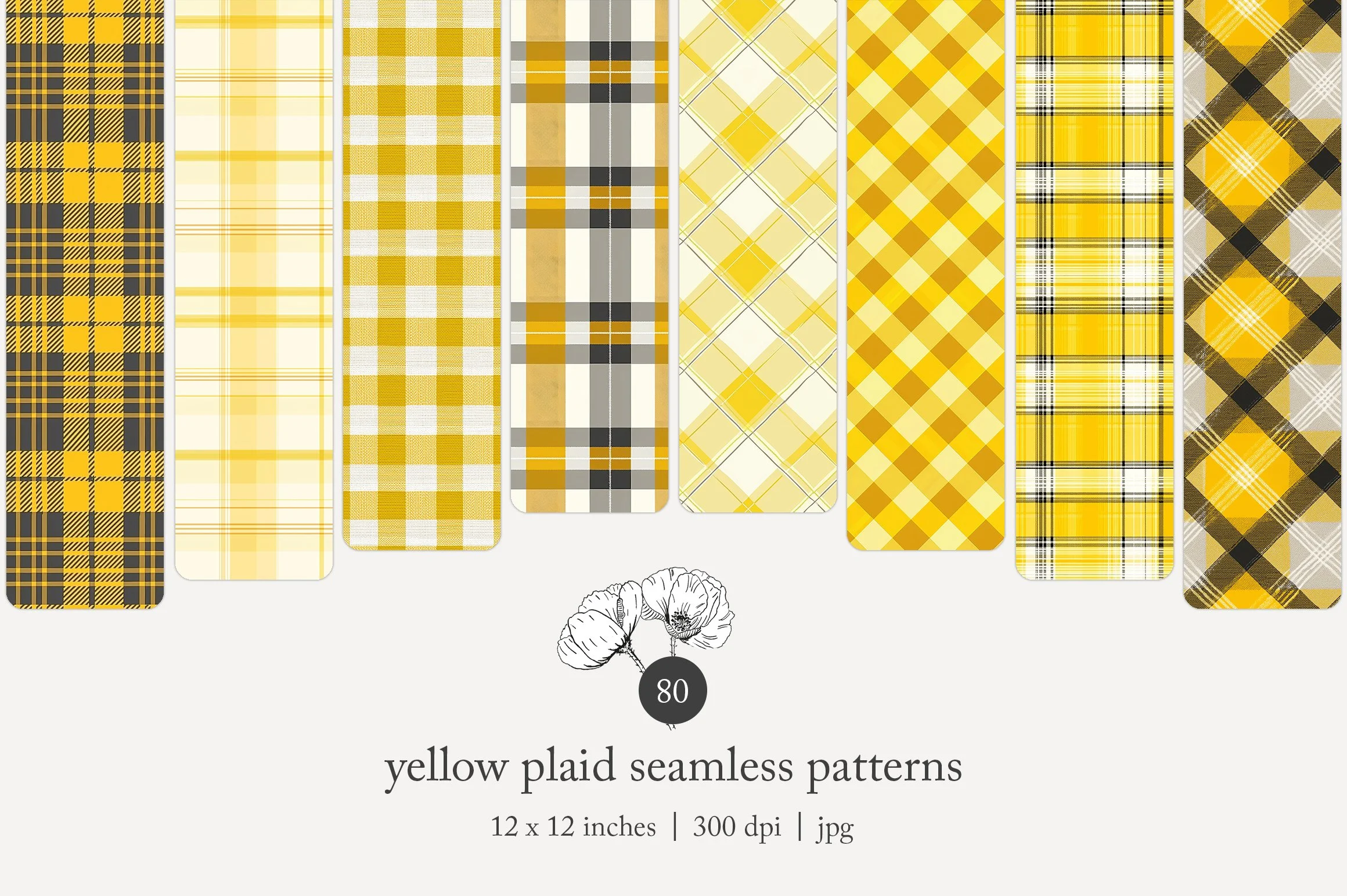Colorful yellow plaid seamless patterns row showcasing different plaid designs on fabric or wallpaper.