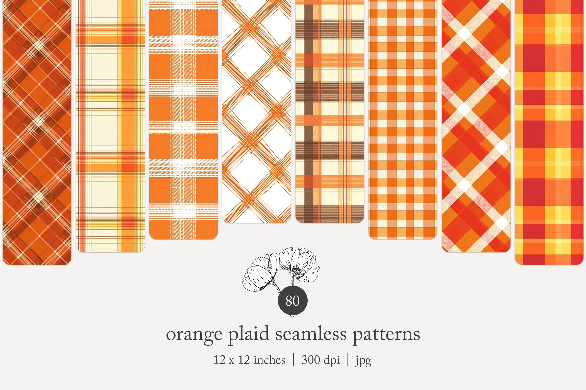 Collection of orange plaid seamless patterns in various styles displayed in vertical strips.