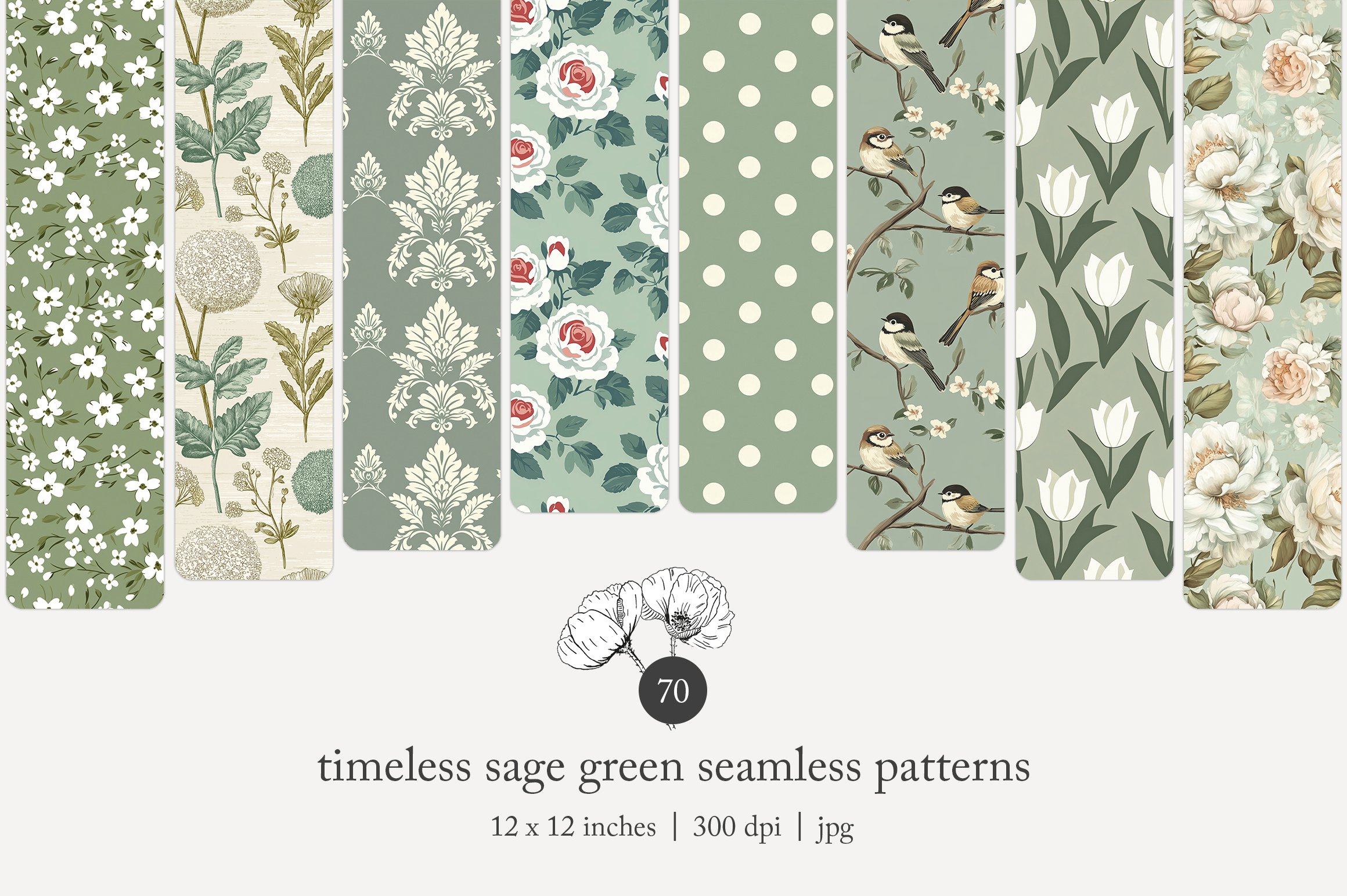 A collection of fabric patterns featuring floral, leafy, and bird motifs in sage green, beige, and white colors.