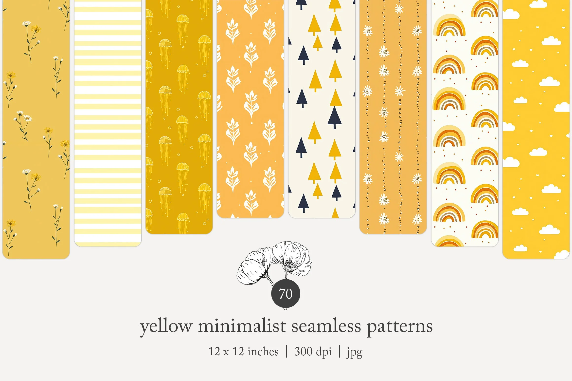 Collection of yellow and white minimalist seamless patterns with floral, stripes, jellyfish, leaves, trees, rainbows, clouds, and suns designs.