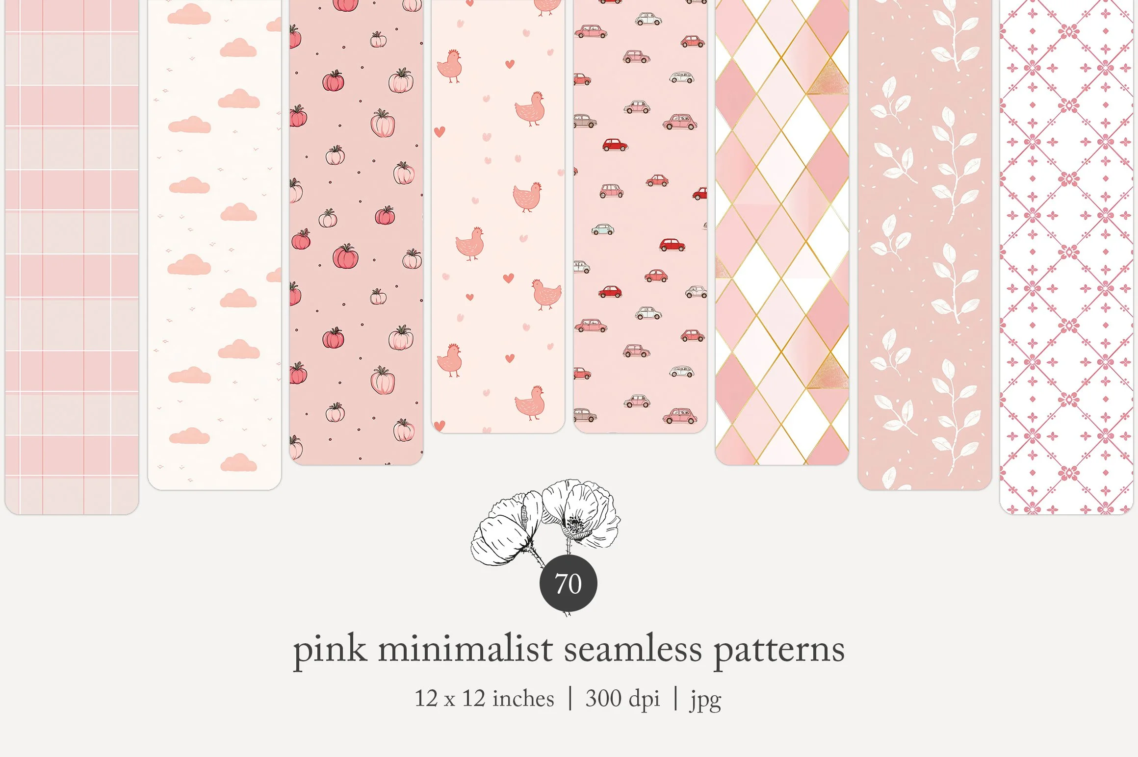 A collection of pink and pastel-colored seamless patterns with various minimalist designs, including clouds, pumpkins, chickens, small cars, geometric shapes, and floral motifs.