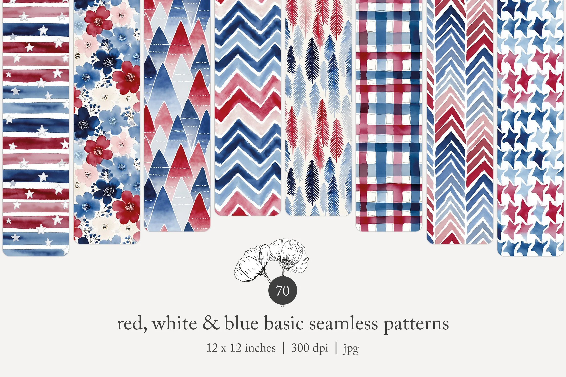 Collection of seamless fabric patterns with red, white, and blue designs, including stars, flowers, mountain shapes, tartan, chevron, plaid, and star patterns.