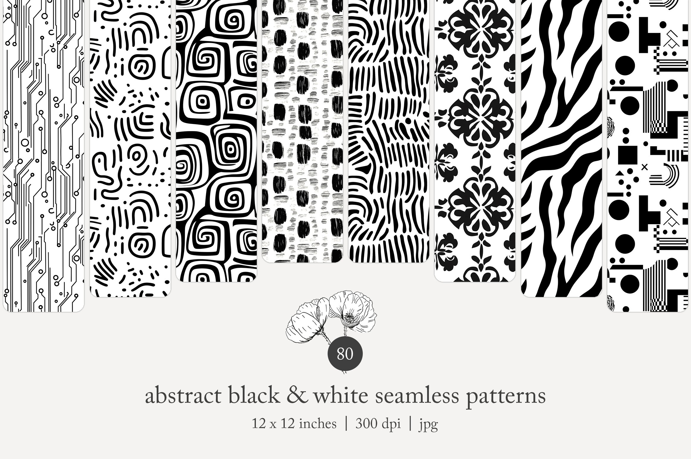 A collection of black and white seamless patterns with various abstract designs. The patterns include circuit-like lines, squiggly lines, geometric shapes, textured paint strokes, floral motifs, zebra stripes, and digital-inspired patterns.