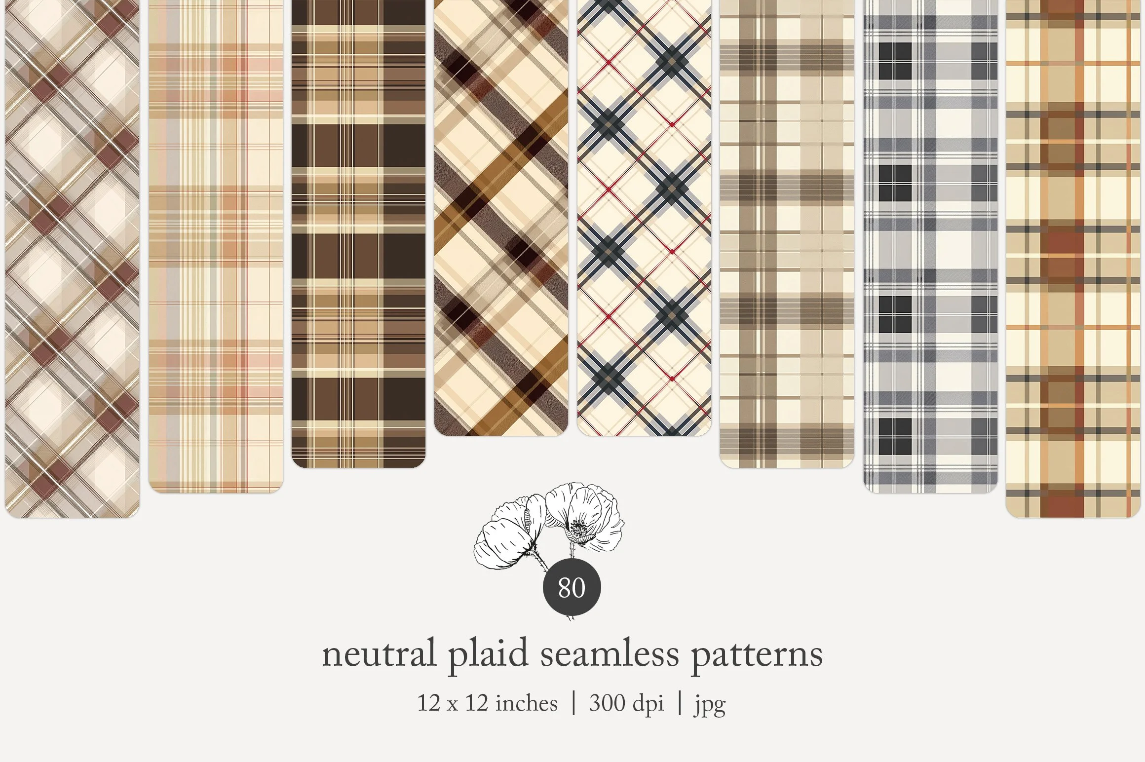 Thumbnail images of various neutral plaid seamless pattern designs in shades of beige, brown, black, and red, arranged horizontally across the top of the image.