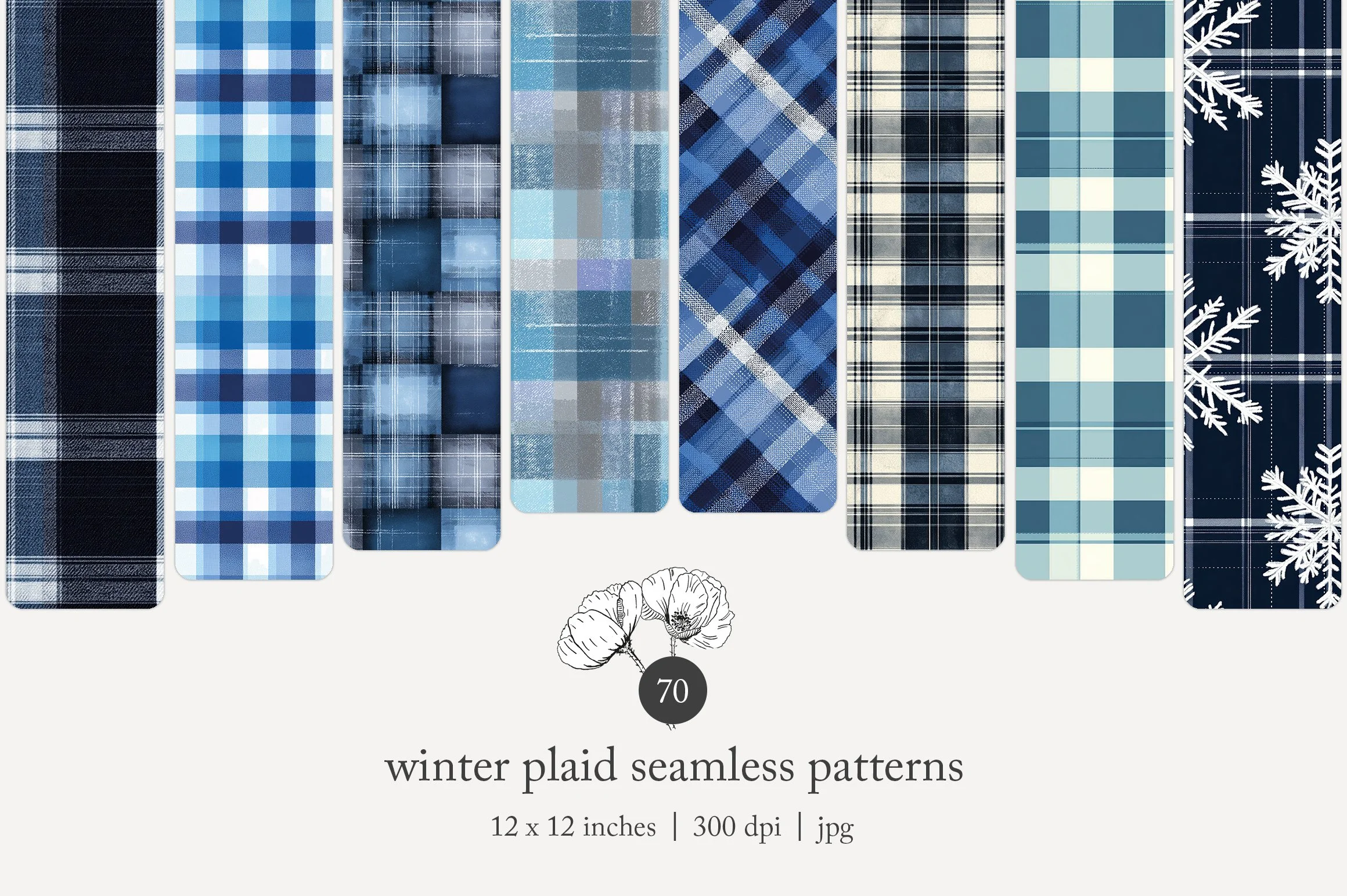 Collection of winter plaid seamless patterns in shades of blue, gray, black, and white, displayed as fabric swatches or design samples.