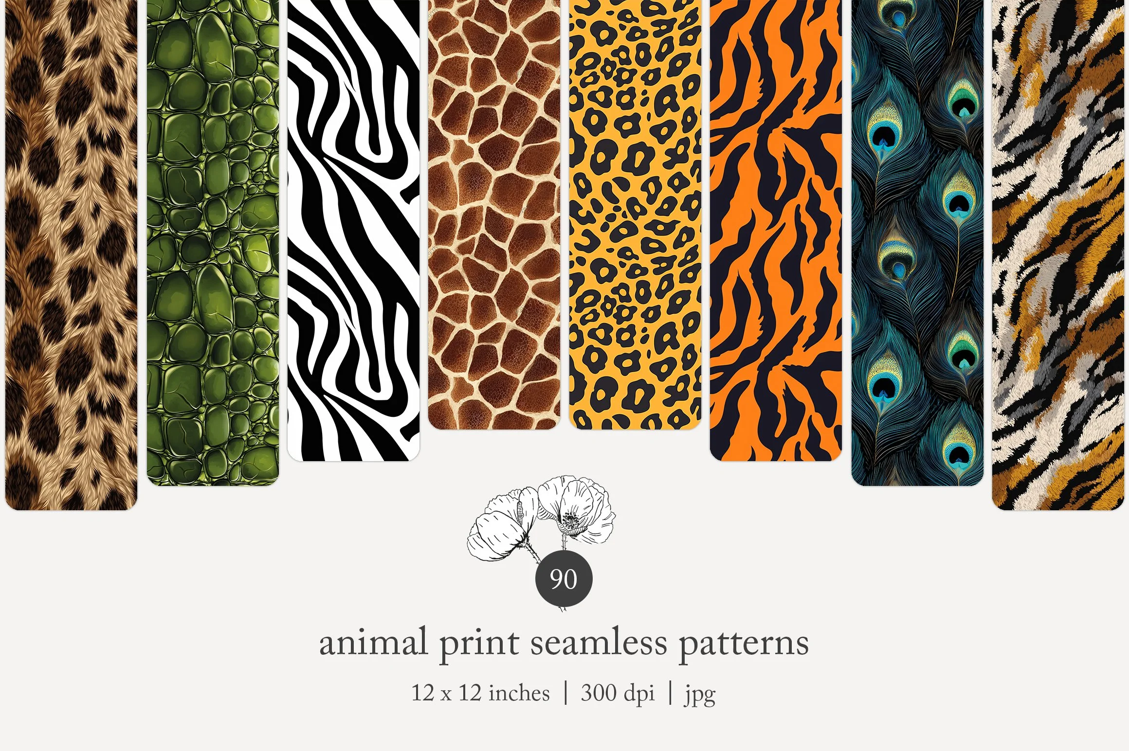 Collection of animal print seamless patterns including leopard, reptile, zebra, giraffe, cheetah, tiger, peacock feather, and tiger stripe
