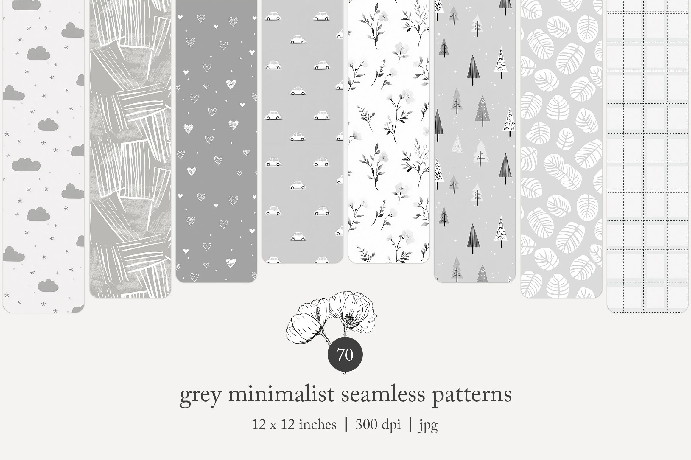 Collection of grey minimalist seamless patterns including clouds and stars, abstract shapes, vintage cars, plants, trees, and leaves, designed for textile or wallpaper backgrounds.