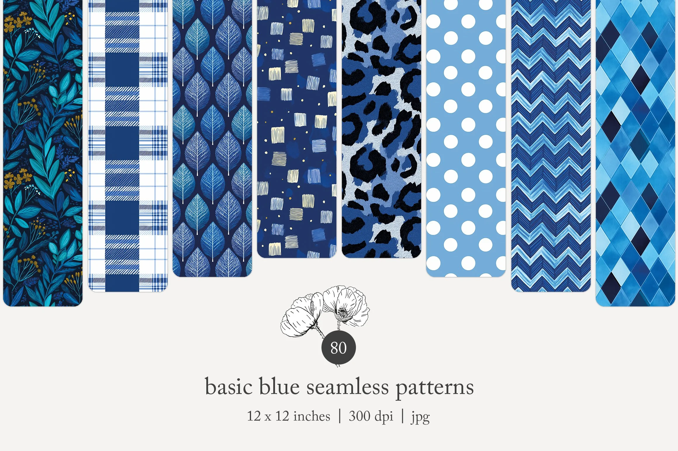 Collection of eight blue seamless fabric patterns featuring floral, plaid, leaf, abstract brushstrokes, animal print, polka dots, chevron, and argyle designs.