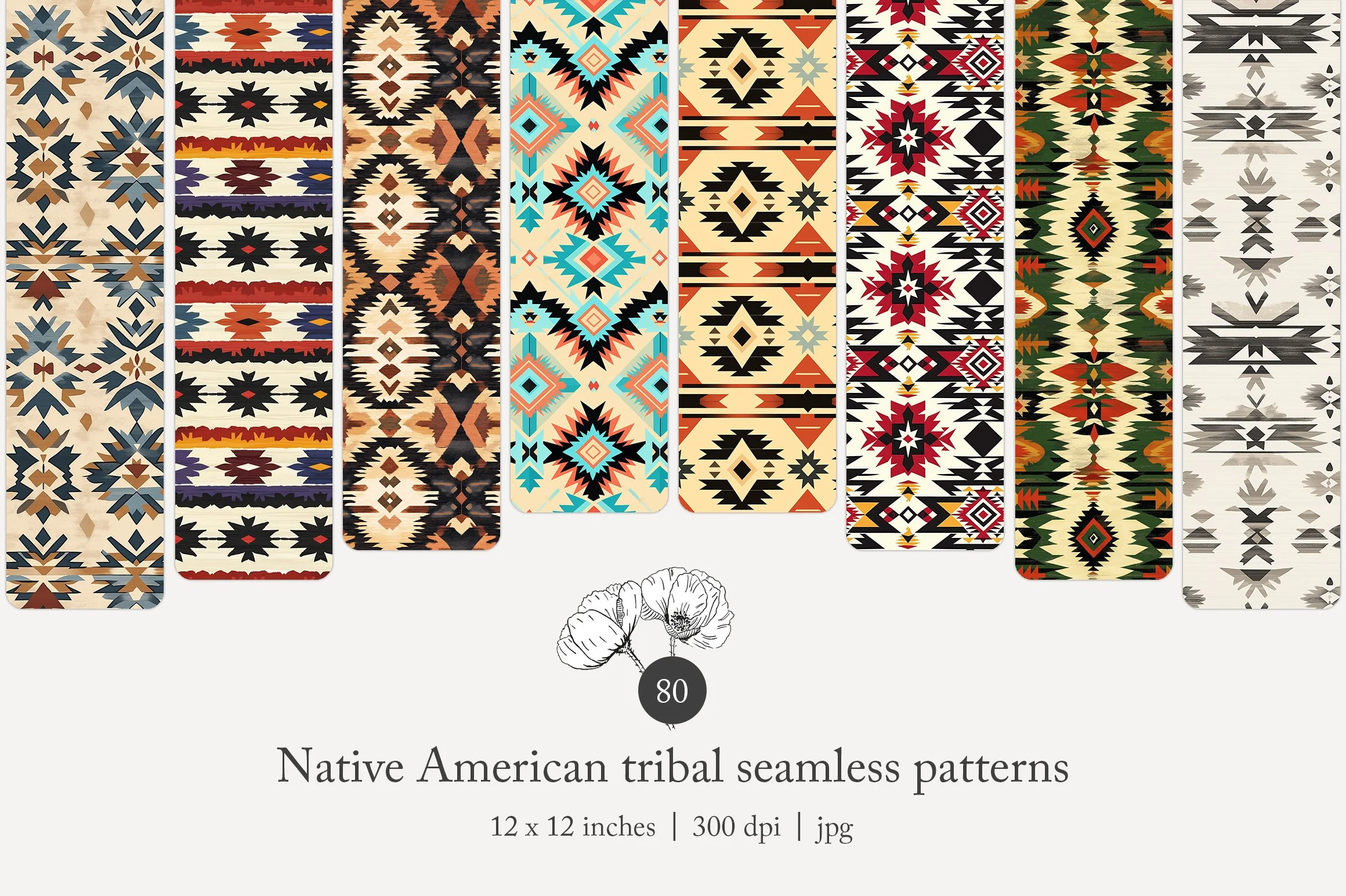 Collection of Native American tribal seamless patterns displayed on panels with geometric designs and earthy colors, labeled as 12x12 inches, 300 dpi.