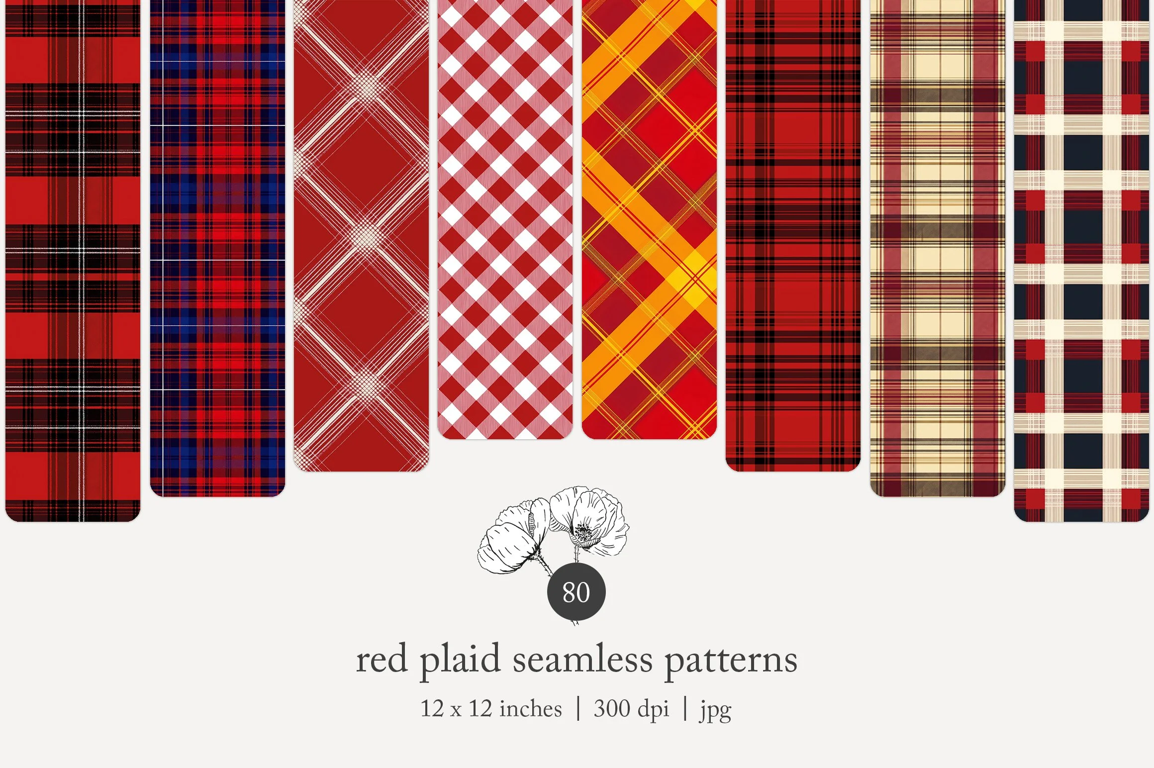 Collection of fabric swatches with red plaid and checkered patterns displayed vertically, with a floral sketch and the text "80" at the bottom.