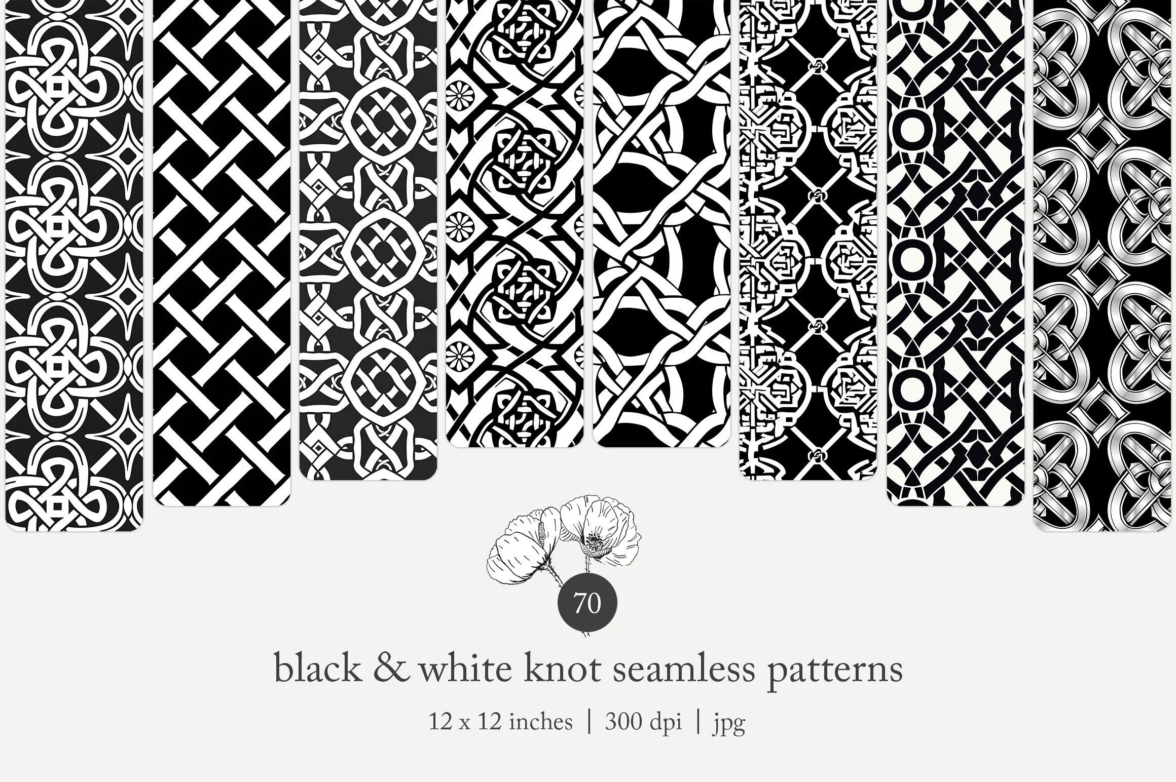 Collection of eight black and white seamless knot pattern tiles displaying intricate, interwoven, symmetrical designs.