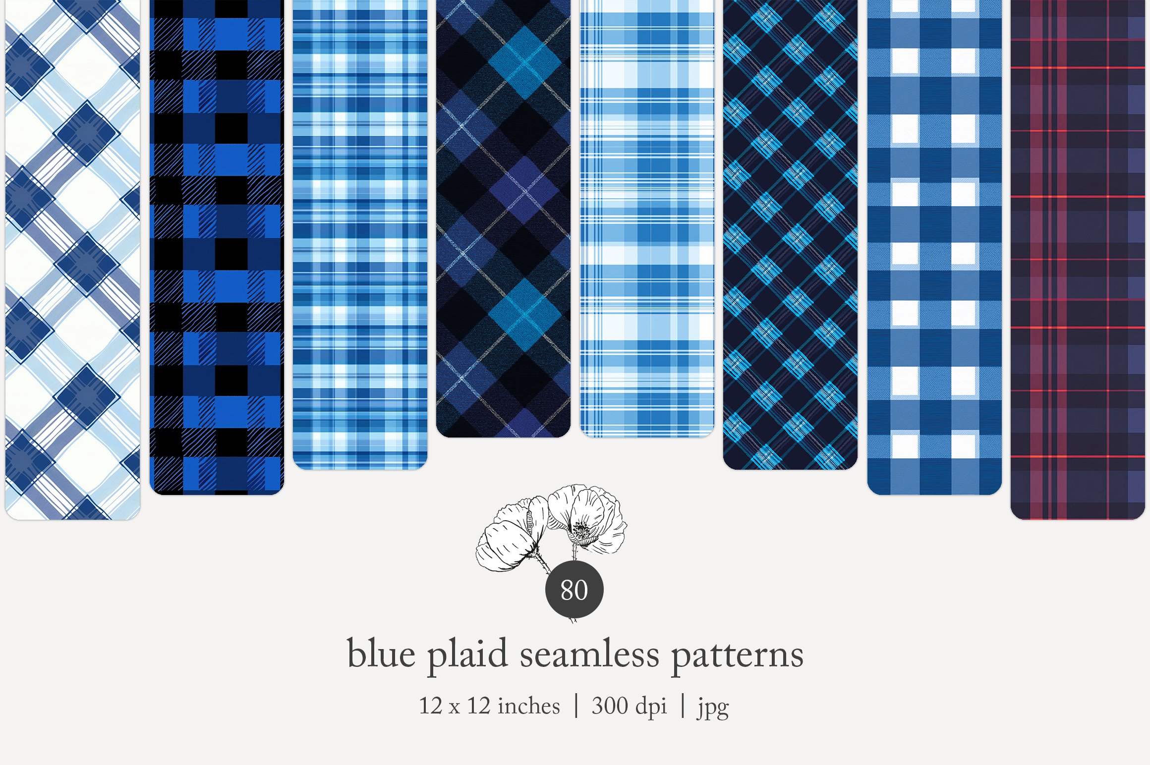 Arrangement of fabric swatches with blue plaid seamless patterns, labeled as 12 x 12 inches, 300 dpi, jpg.