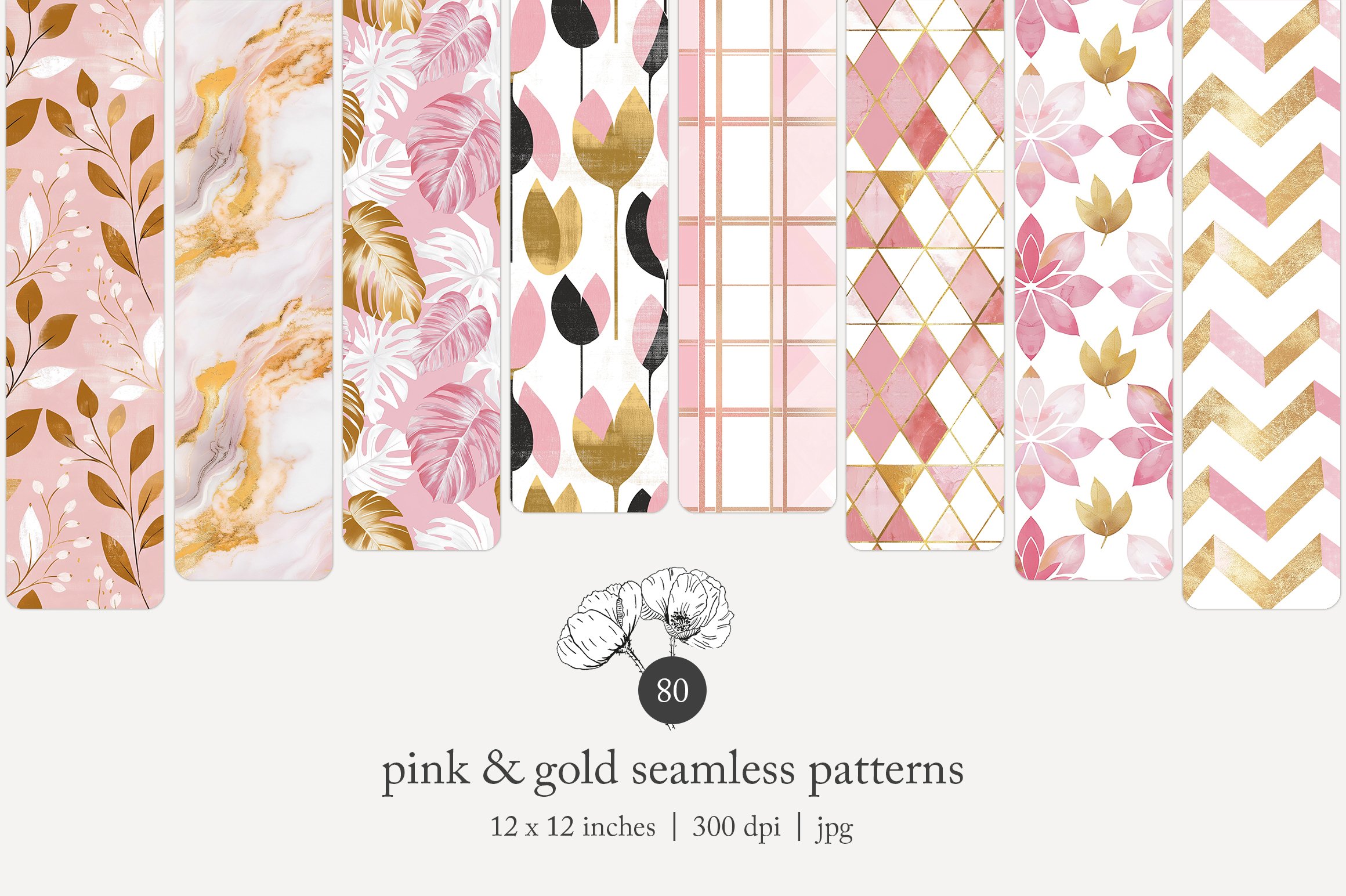 Collection of seamless pink and gold pattern designs including floral, marble, tropical leaf, abstract, plaid, geometric, and chevron styles.