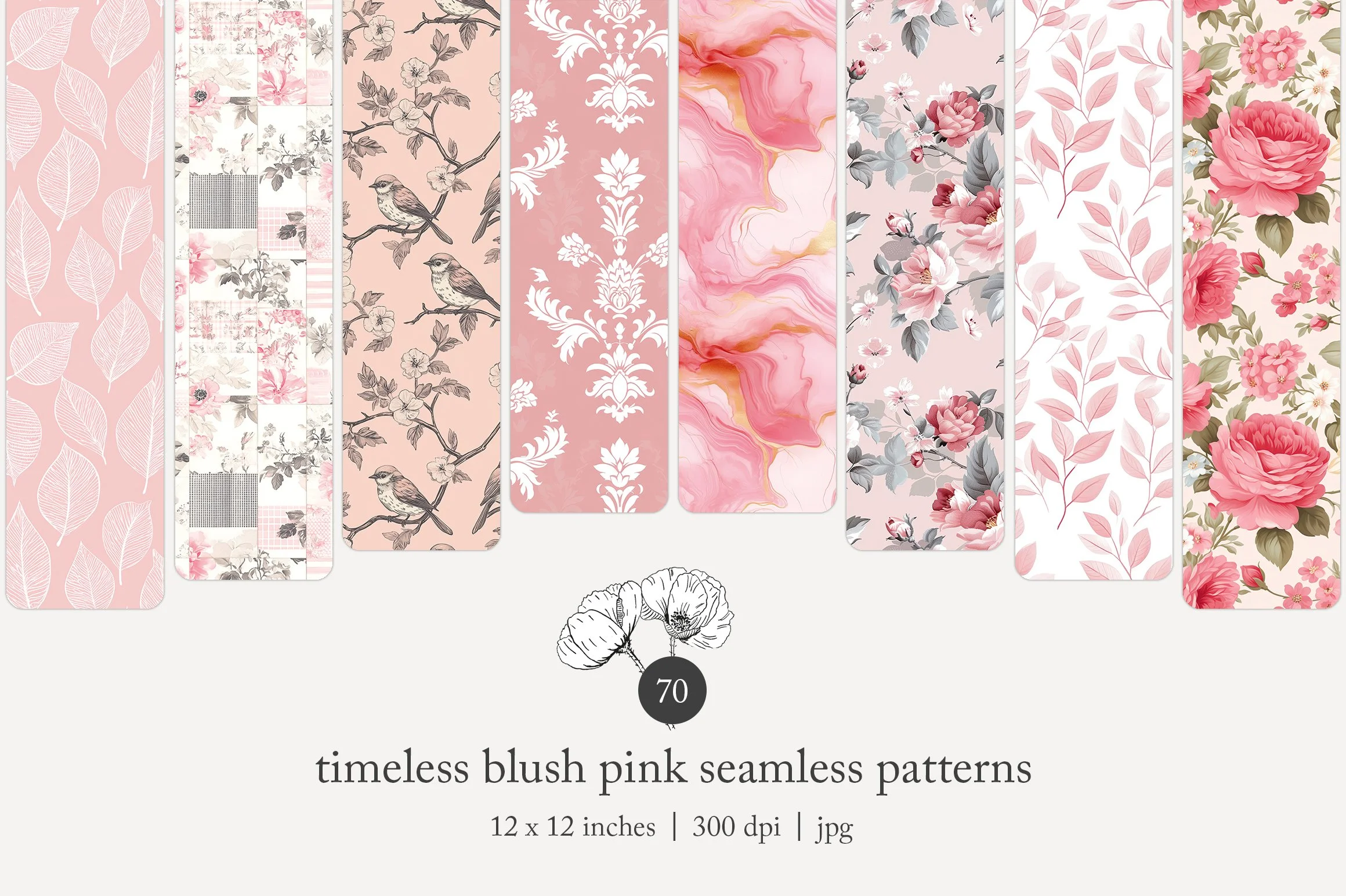 A collage of seamless patterns featuring pink blush tones with floral, bird, marble, and abstract designs, labeled as 'timeless blush pink seamless patterns'.
