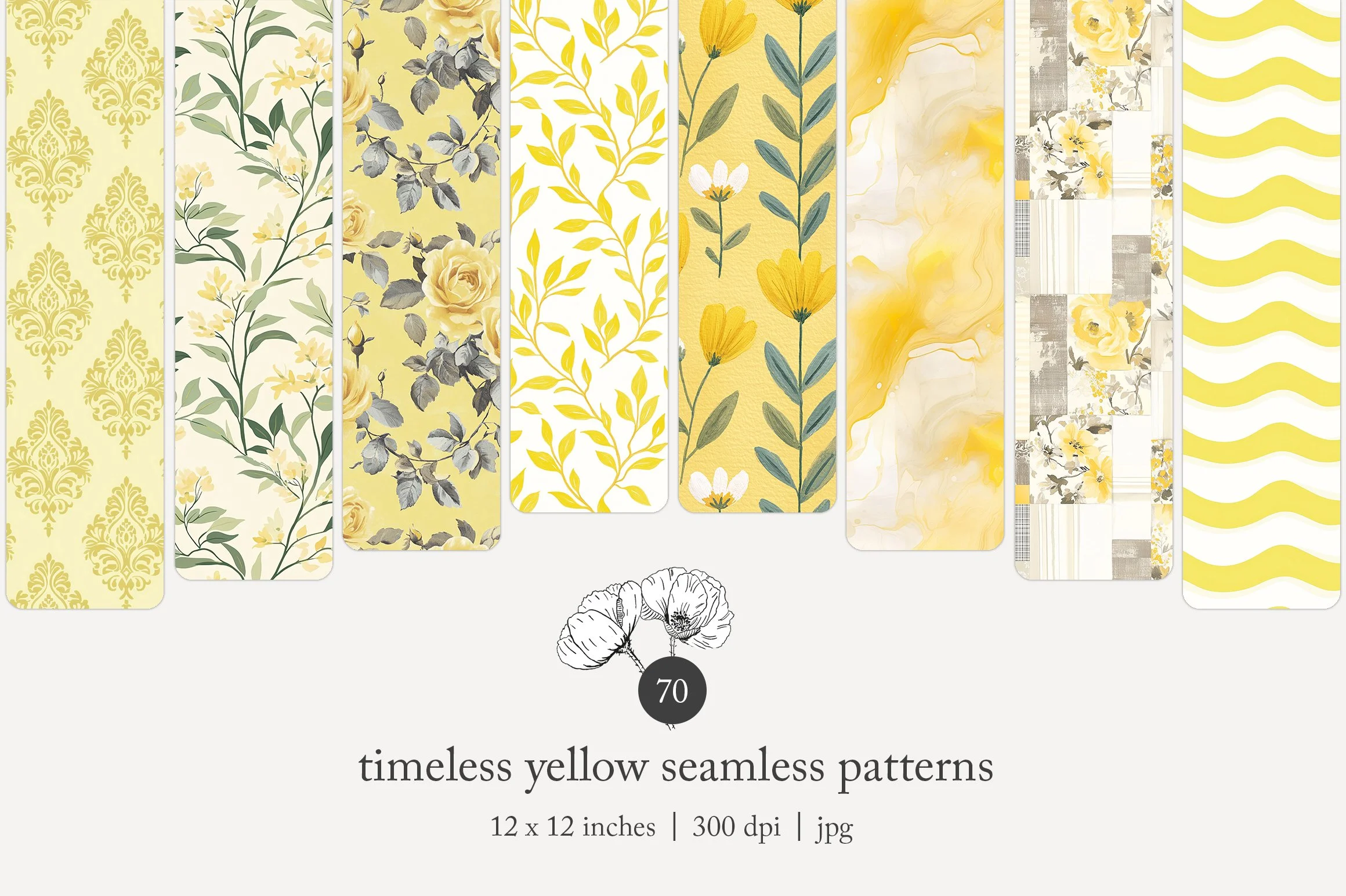 A collection of digital image patterns featuring yellow and floral themes, labeled as 'timeless yellow seamless patterns,' displayed in various styles including damask, floral, and wavy designs, with specifications of 12x12 inches and 300 dpi.
