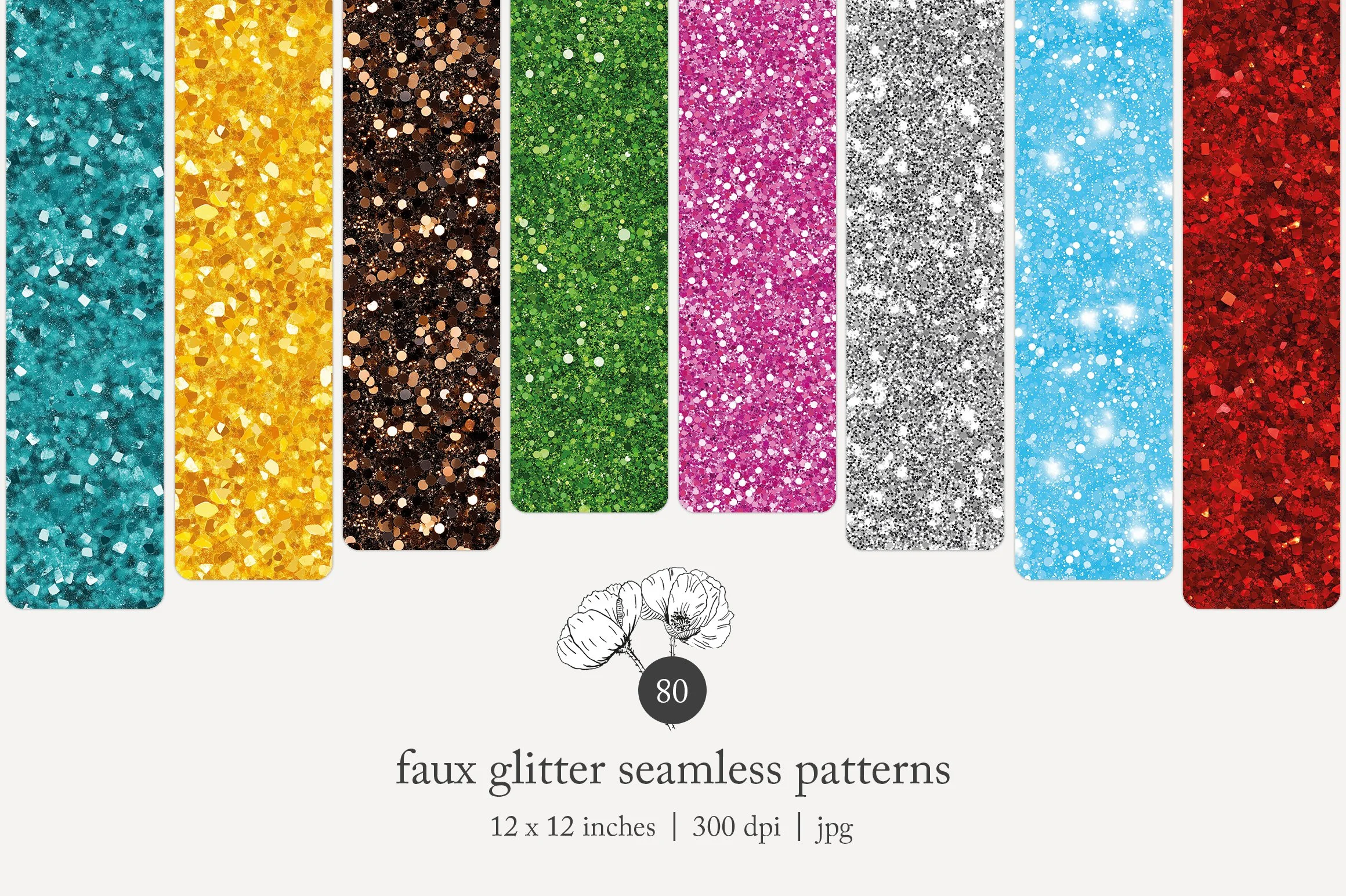 Collection of eight faux glitter seamless patterns in various colors: teal, yellow, black, green, pink, silver, blue, and red, arranged vertically.
