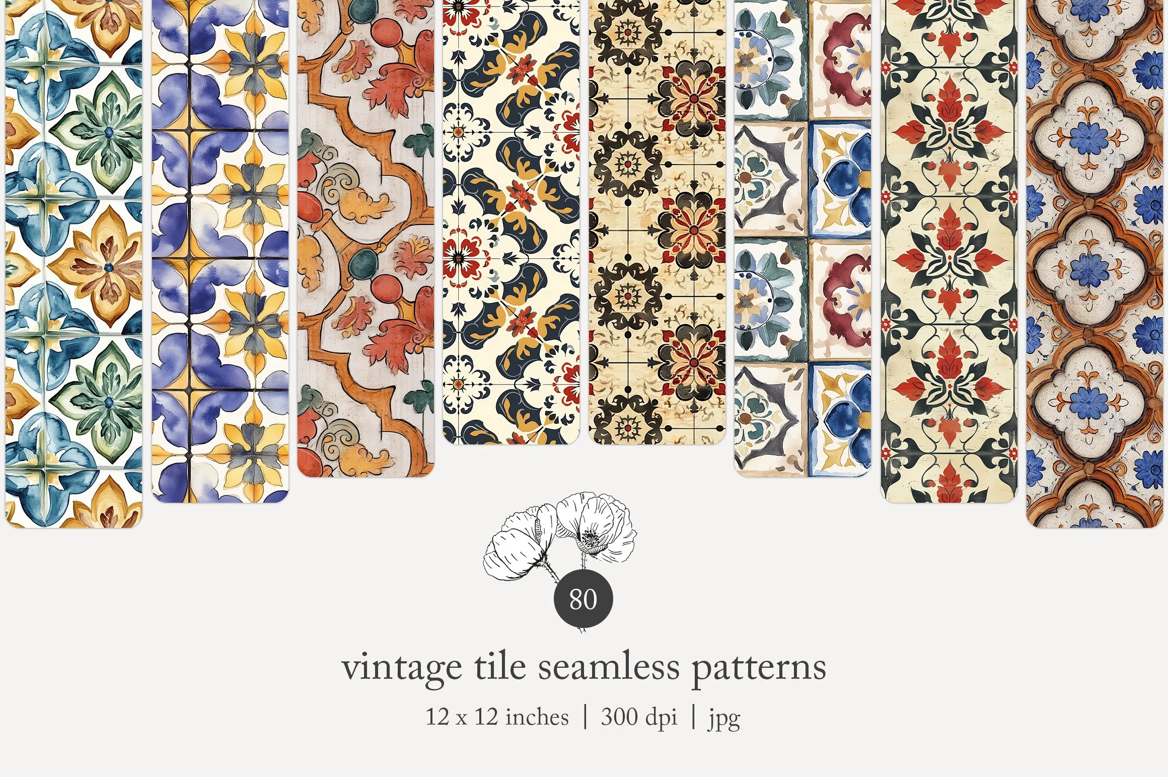 A collection of vintage tile seamless patterns with various floral and geometric designs in colors such as blue, yellow, red, black, white, and orange.