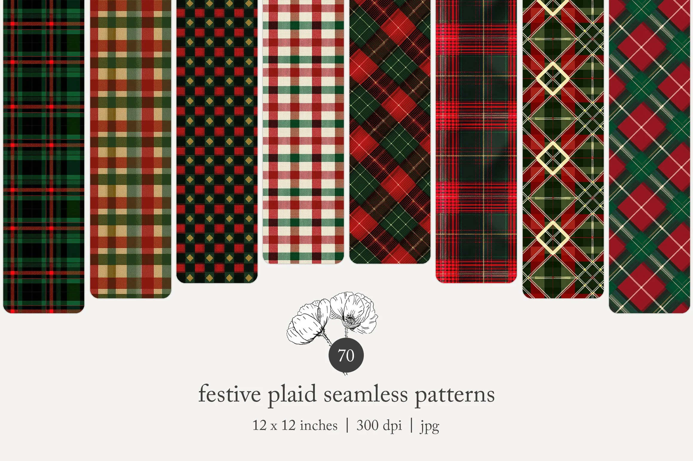 Collection of Christmas plaid seamless patterns in red, green, and gold colors, displayed on digital fabric sample swatches.