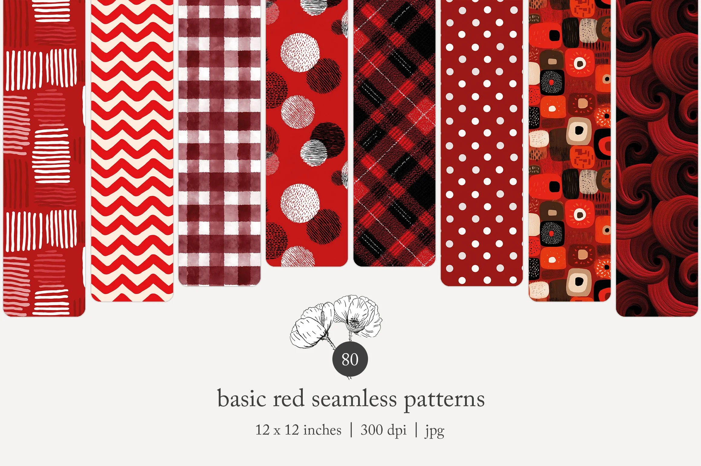 A collection of various red seamless patterns with different geometric and abstract designs, displayed in vertical strips.