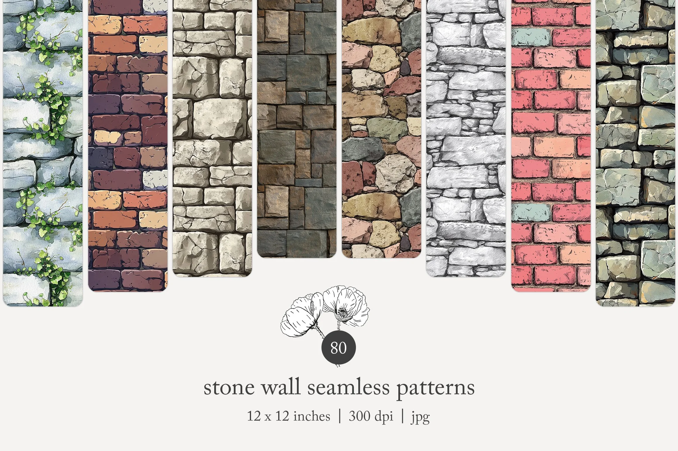 Collage of various stone wall seamless patterns including painted, brick, and natural stone designs.