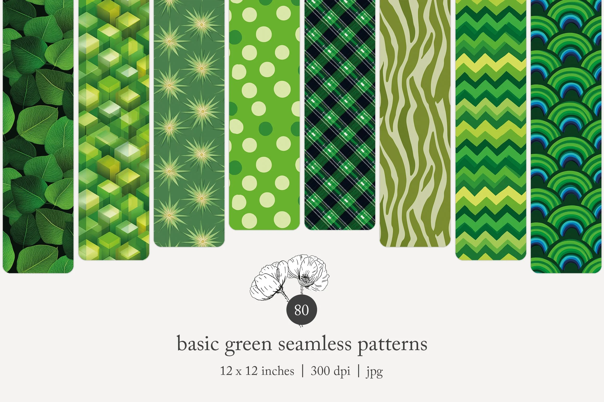 A collection of seamless green patterns for design projects, featuring leaves, cubes, stars, polka dots, plaid, abstract lines, waves, zigzags, and rainbow-like arches.