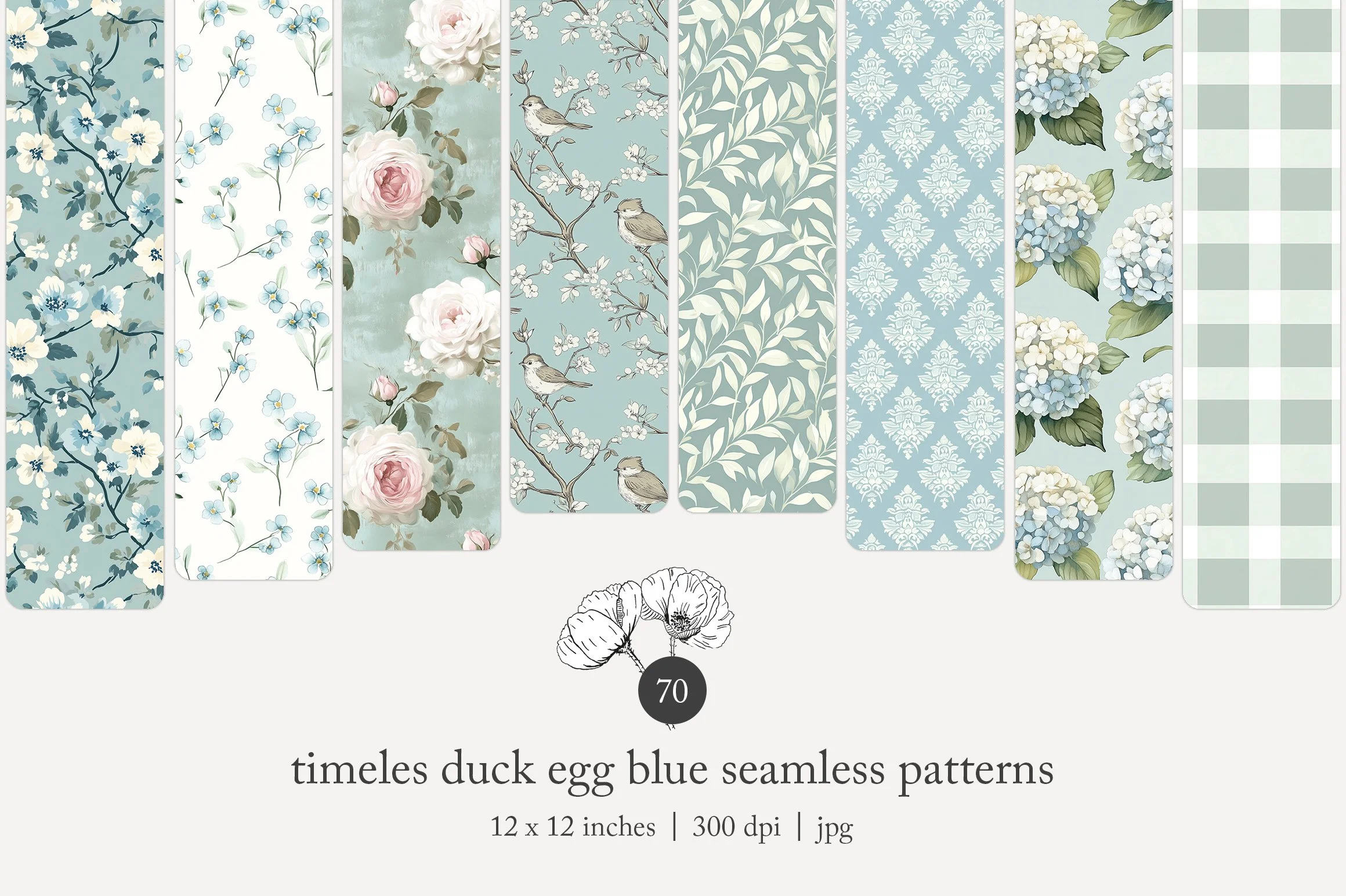 A collection of seamless patterns featuring blue and white floral designs, birds on branches, and plaid patterns in shades of blue, green, and white