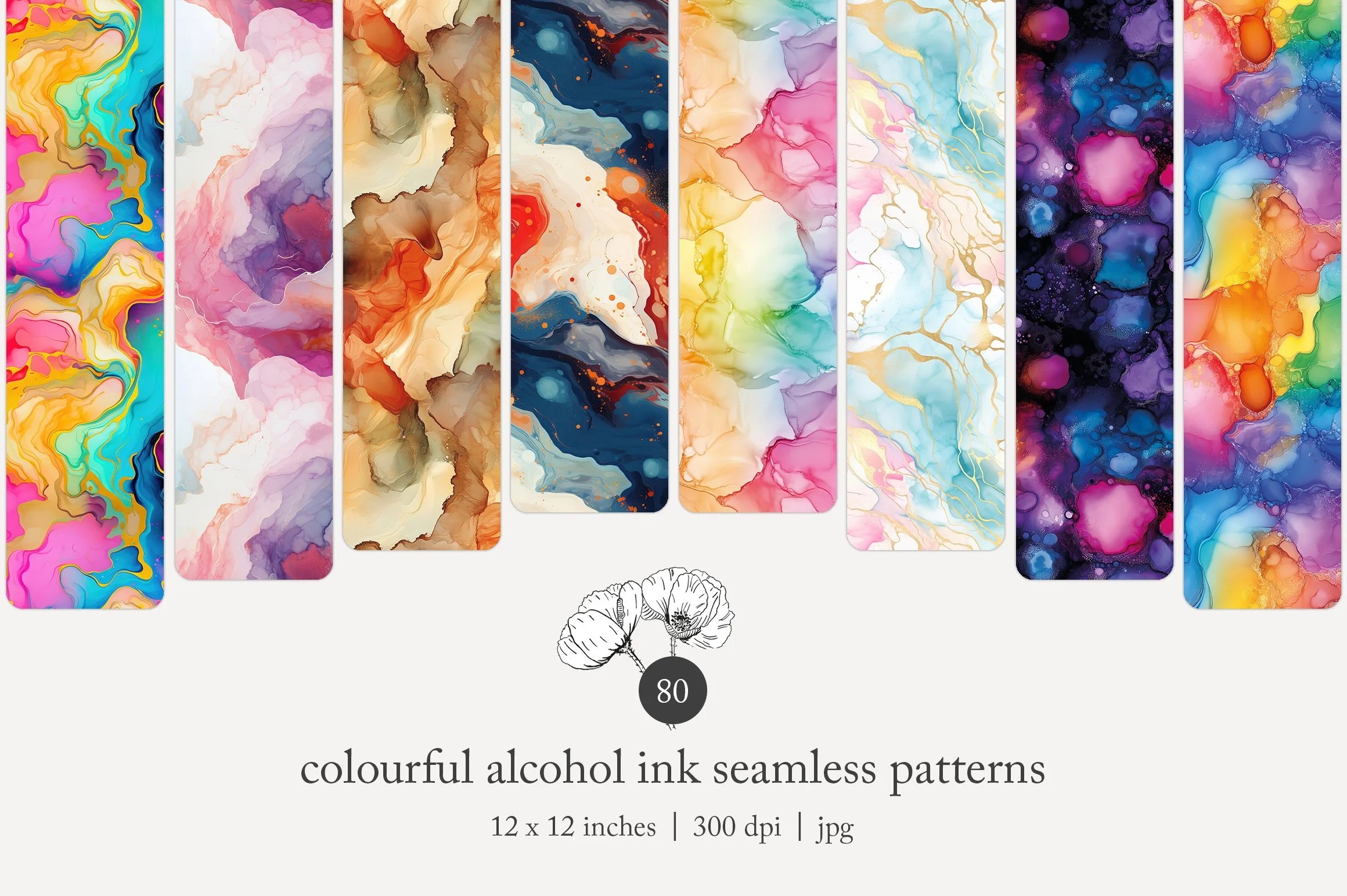 Collection of colorful alcohol ink seamless patterns in various abstract designs, featuring vibrant swirls, soft pastel blends, earthy tones, and dark dramatic effects.