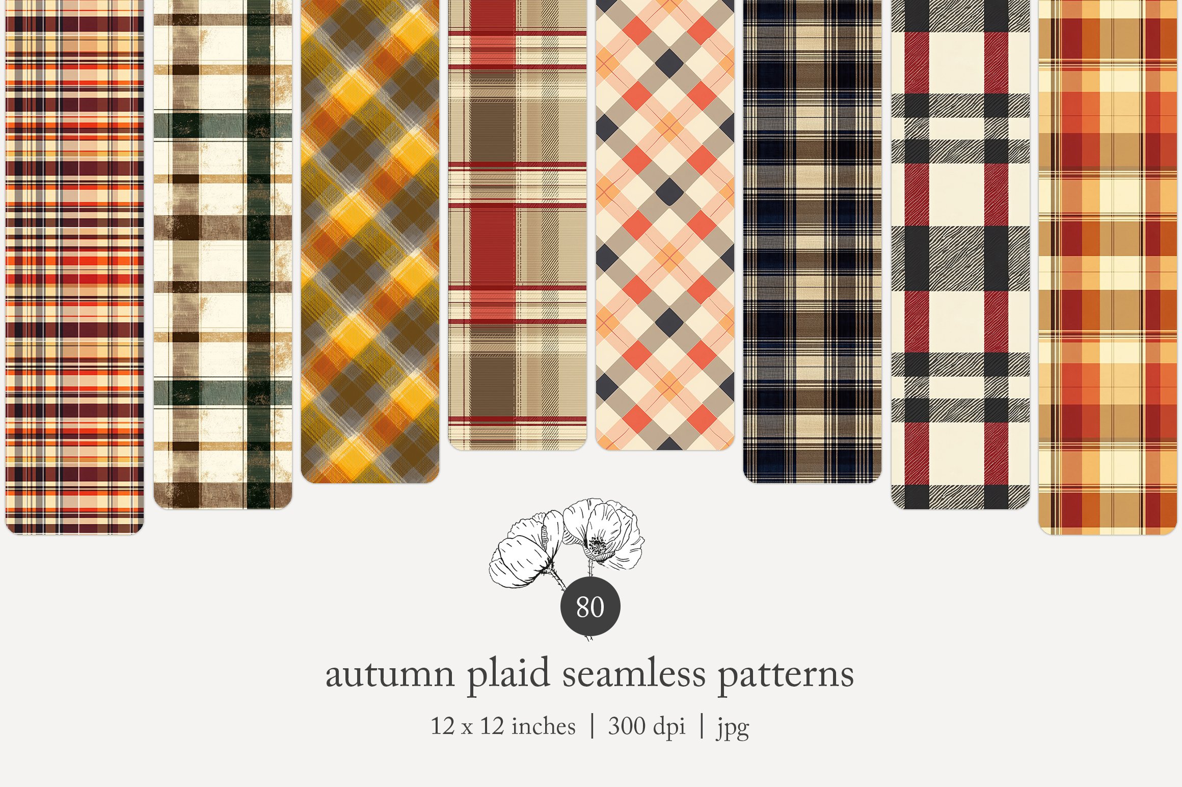A collection of seven autumn plaid seamless patterns featuring various plaid designs in fall colors like orange, red, beige, green, and black.