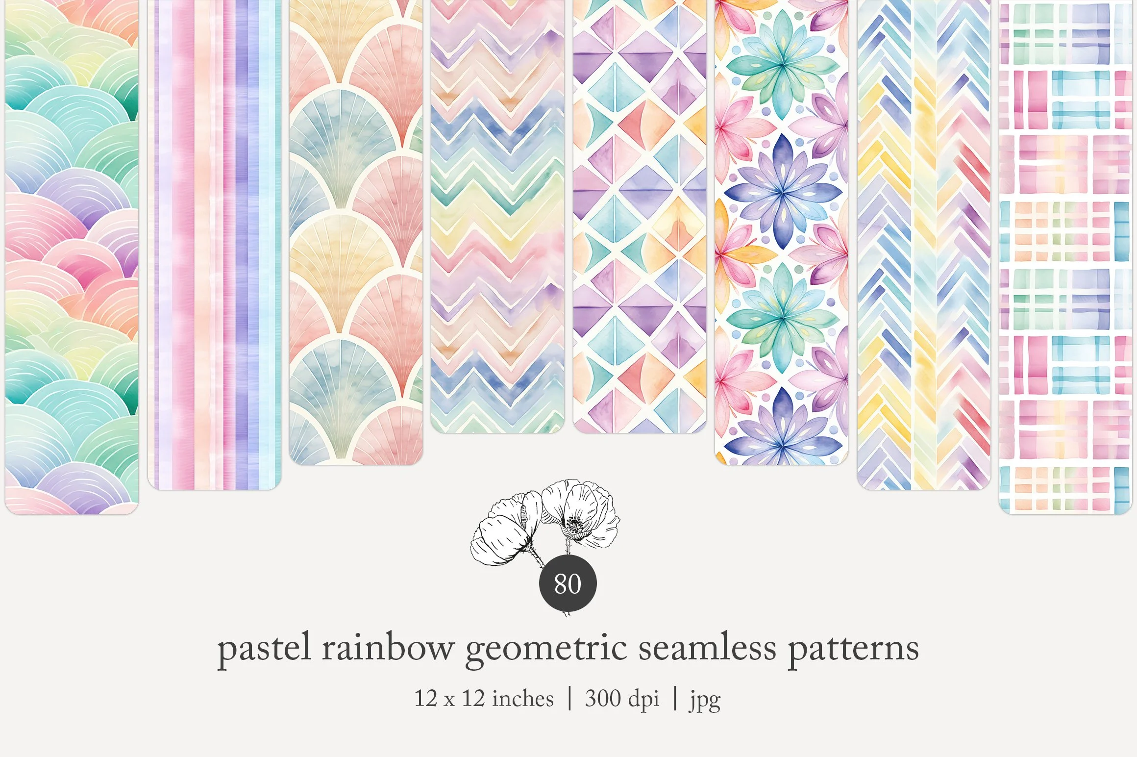 Collection of pastel rainbow geometric seamless patterns featuring waves, stripes, fans, chevrons, diamonds, flowers, zigzags, checks, and squares.