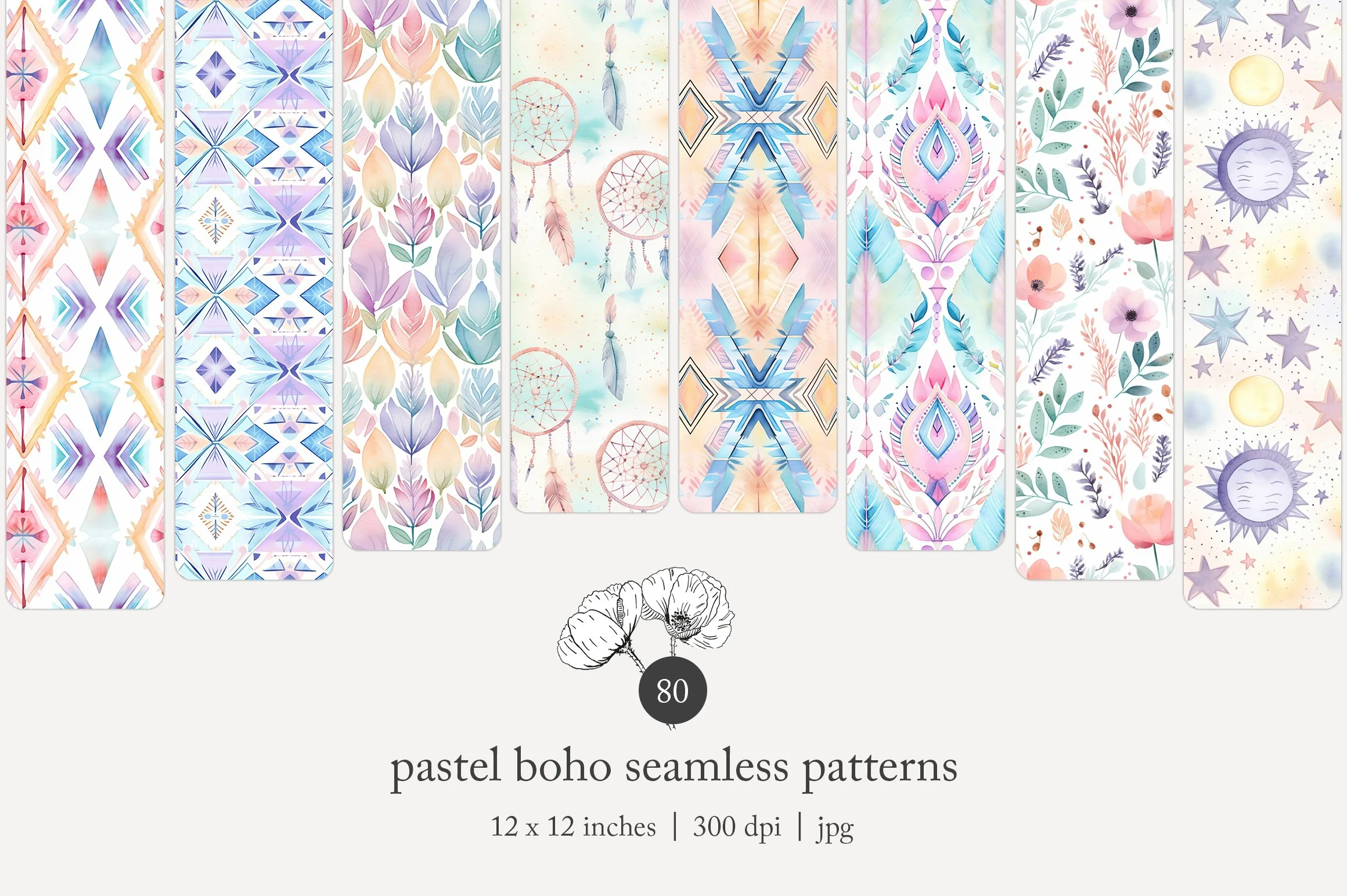 Collection of seamless pastel boho patterns featuring geometric shapes, floral designs, dreamcatchers, and celestial motifs in soft pastel colors.