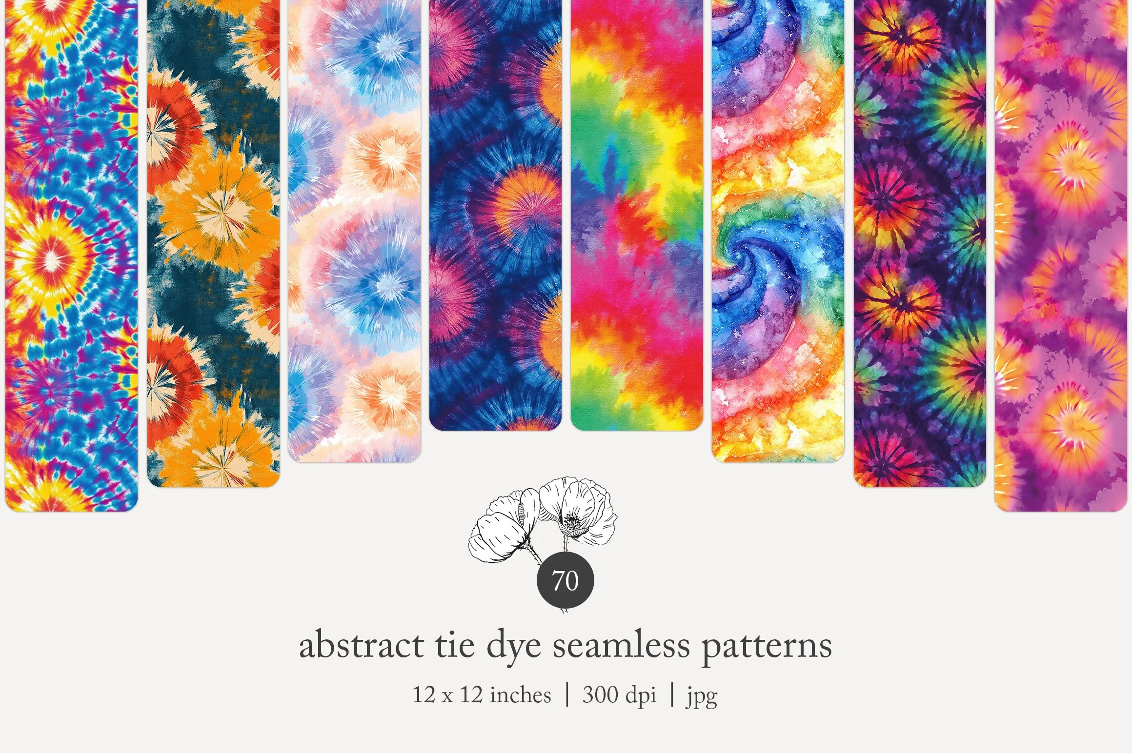 Collection of abstract tie-dye seamless patterns featuring vibrant, swirling colors, including blue, orange, pink, purple, and rainbow hues, arranged in vertical strips.