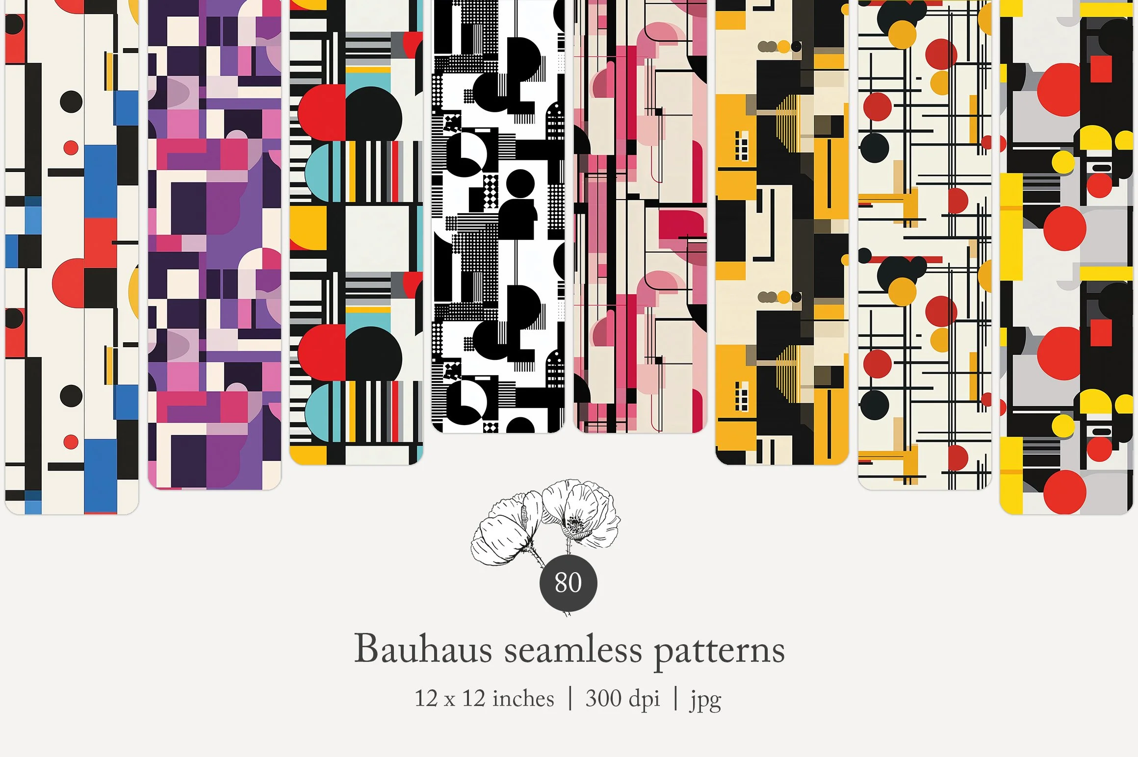 Collection of six Bauhaus style seamless patterns featuring geometric shapes, lines, and circles in colors including purple, black, red, yellow, and blue, displayed on phone screens, with a flower illustration and a circular icon labeled "80" below.