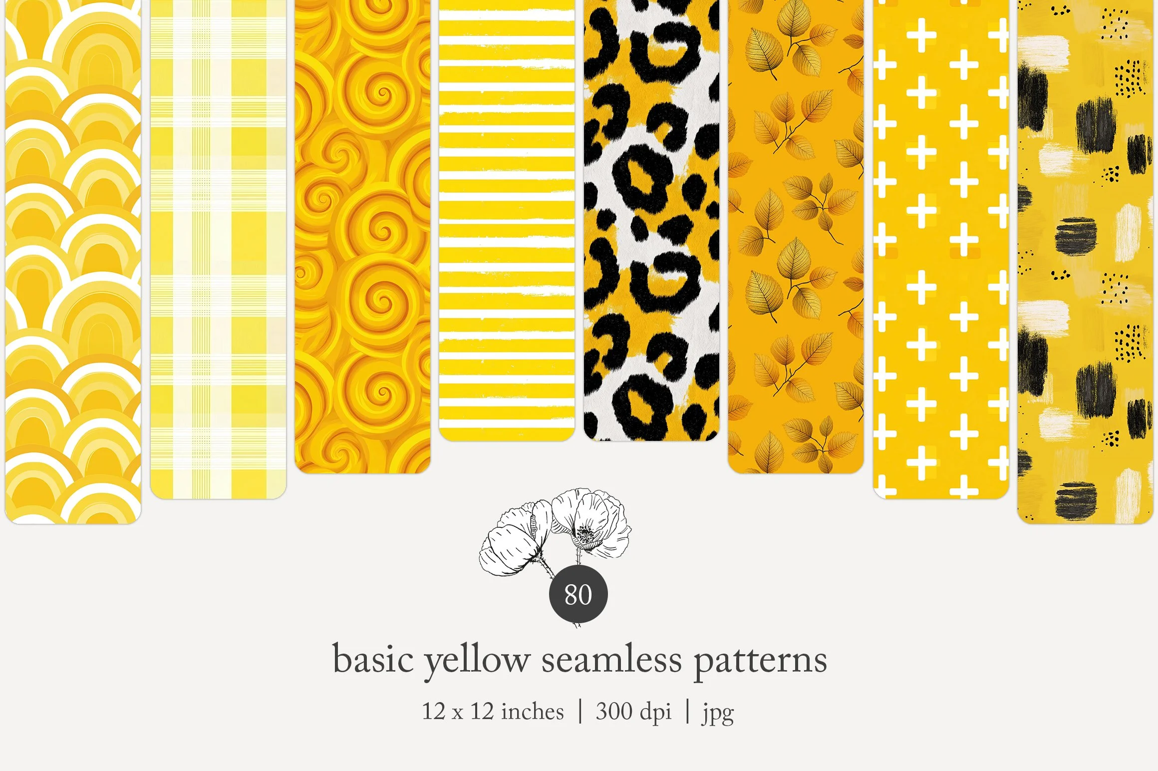 An assortment of seamless yellow patterns on rectangular strips, including rainbow arches, plaid, swirling spiral, horizontal stripes, leopard print, leaf motifs, plus signs, brush strokes, and abstract textures.