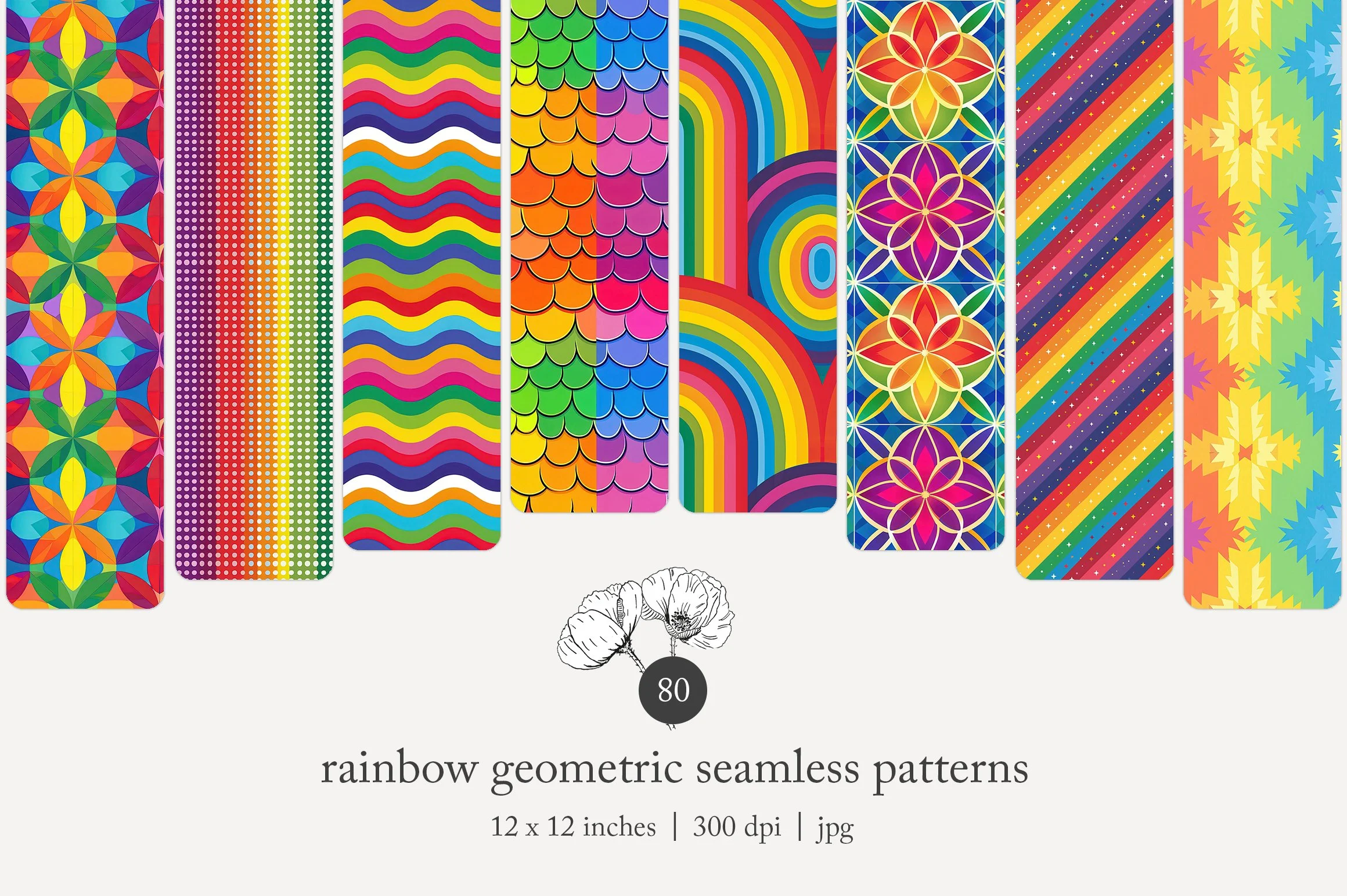 Collection of colorful rainbow geometric seamless patterns, including floral, polka dots, wavy lines, scales, rainbow arcs, tessellations, and striped designs.